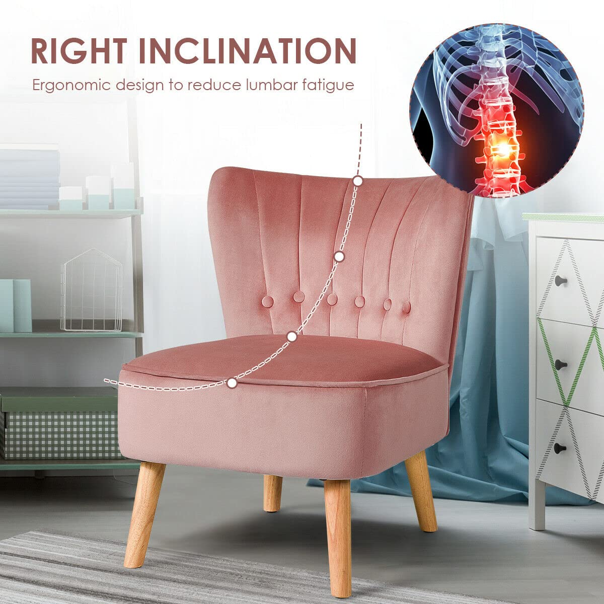 Modern Velvet Tufted Armless Accent Chair with Rubber Wood Legs - Comfy Single Sofa for Living Room, Bedroom & Office - Pink | Perfect for Small Spaces, Reading Nooks & Cozy Corners