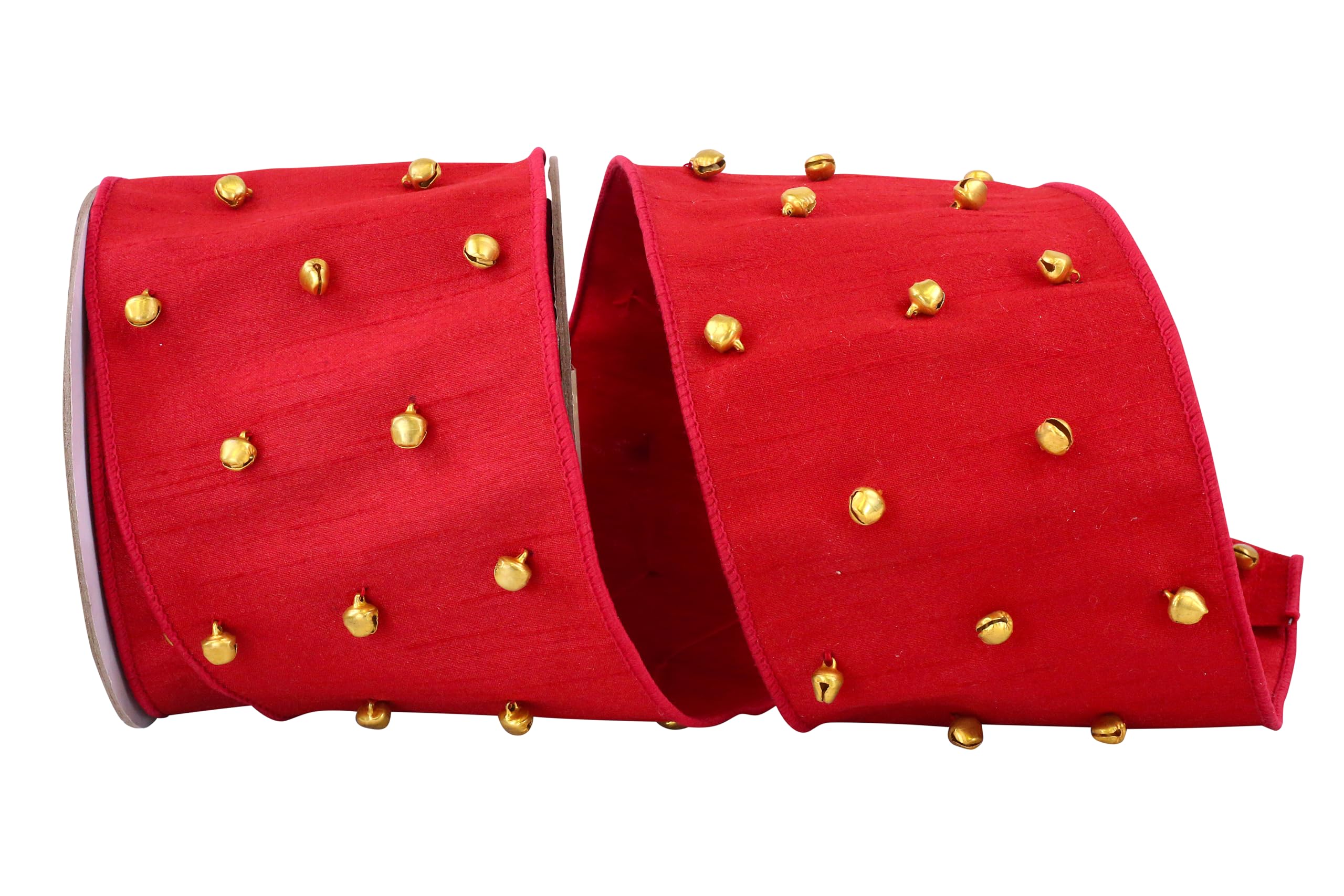 Reliant Ribbon Bells Dupioni Wired Edge Ribbon - 4 Inch x 5 Yards, Vibrant Red - Perfect for Gift Wrapping, Wedding Decorations & DIY Crafts