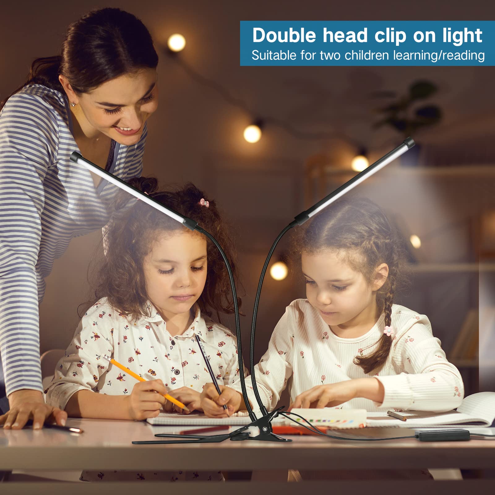 **Dual Head Eye-Care Desk Lamp with Clamp - 3 Color Modes & 5-Level Dimmer, 360° Adjustable Clip-On Light for Reading, Working, Bedroom & Music Stand - Perfect for Study, Office & Nightstand Use**