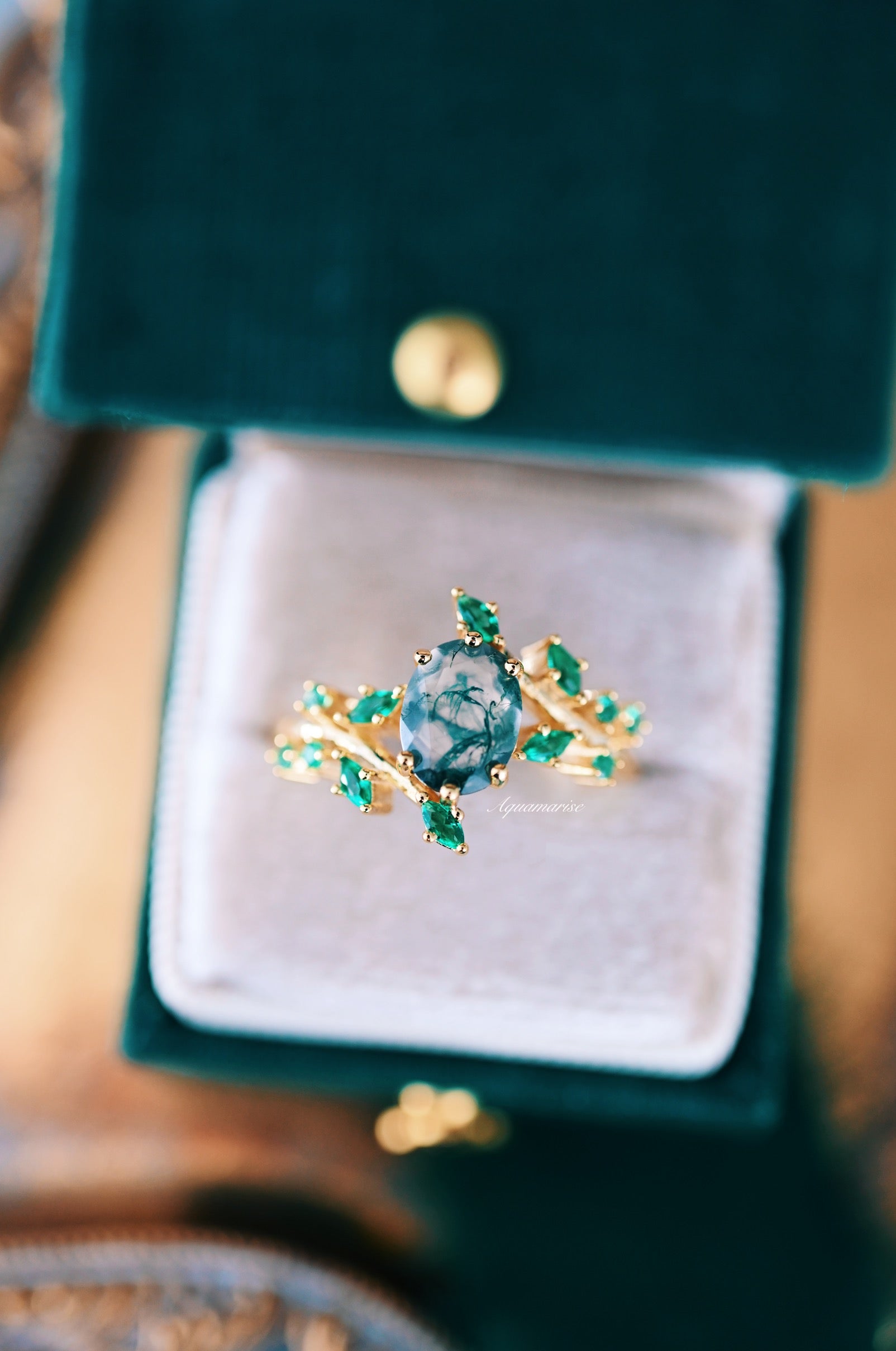 Green Moss Agate & Fire Opal Gold Leaf Couple Rings for Women & Men - Elegant Matching Promise Rings for Anniversary, Engagement & Wedding Gifts
