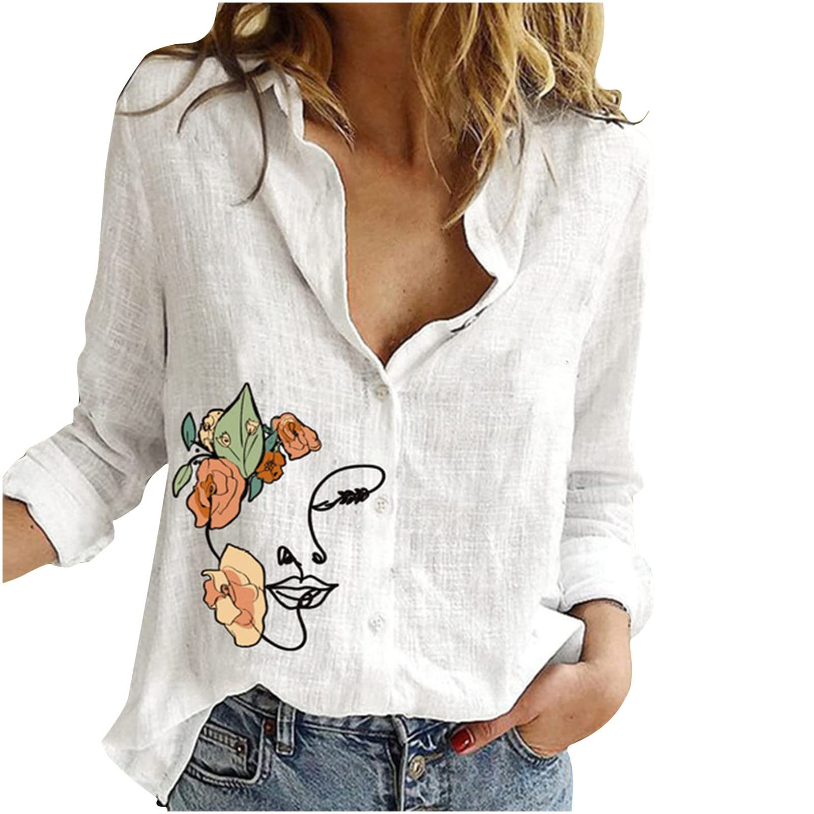 Women's Lapel V-Neck Mushroom Print Shirts - Summer Cotton Linen Long Sleeve Button Down Blouses for Casual Work & Outdoor Activities