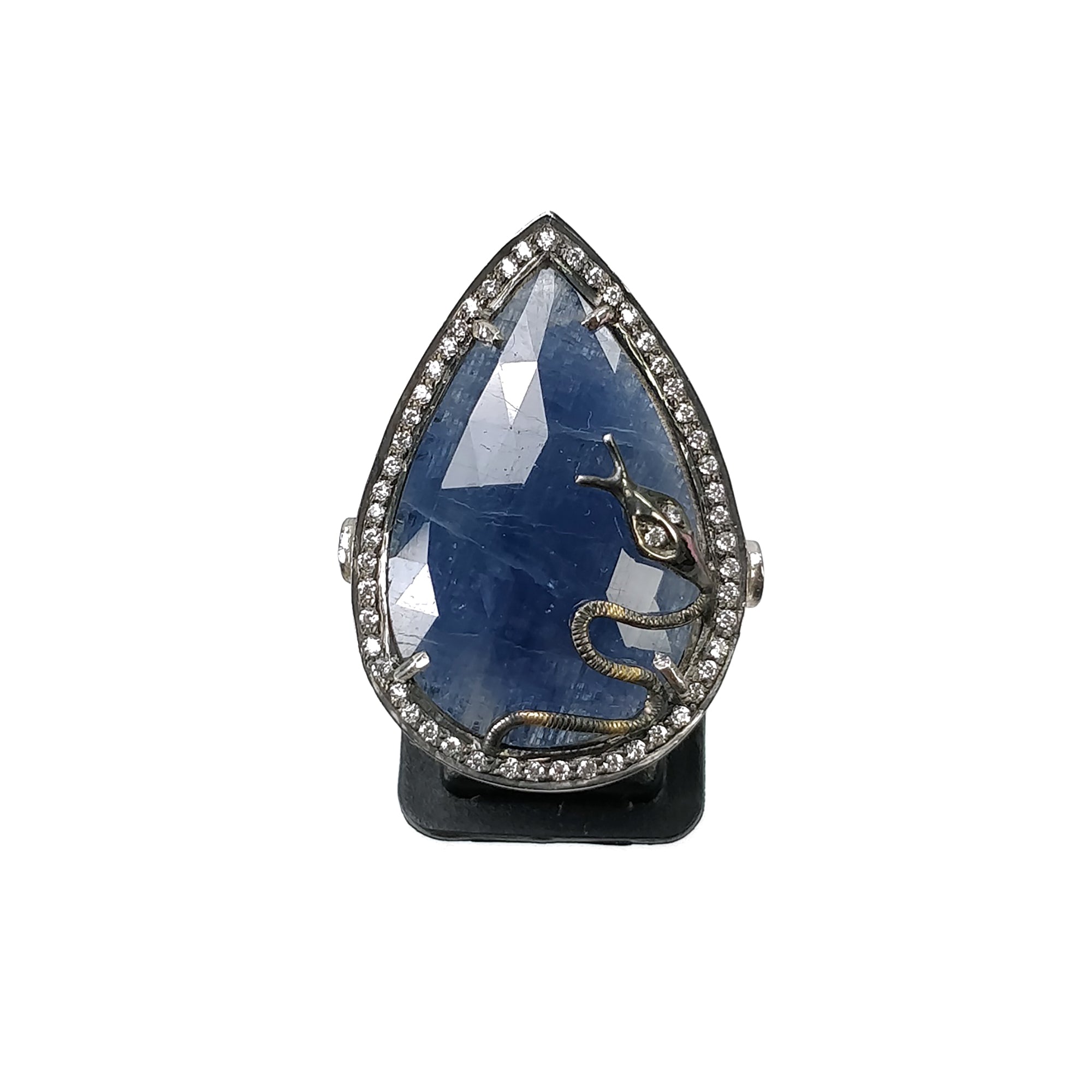 925 Sterling Silver Ring with Natural Blue Sapphire & CZ Gemstones - Victorian Style Rose Cut Bezel Set Statement Ring Size 7.25 US - Perfect for Weddings, Anniversaries & Special Occasions