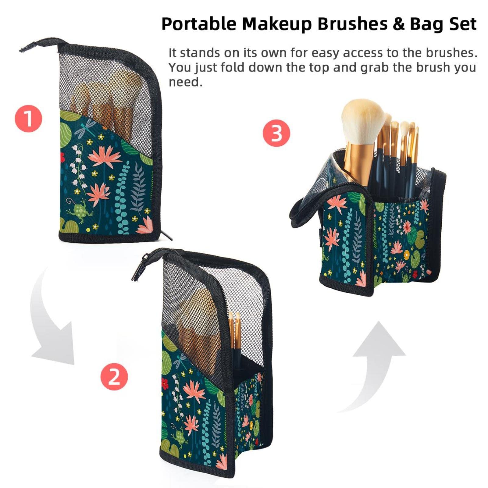 12-Piece Makeup Brush Organizer Bag with Lotus Design - Portable Cosmetic Brush Holder Case for Travel, Home & Professional Makeup Artists