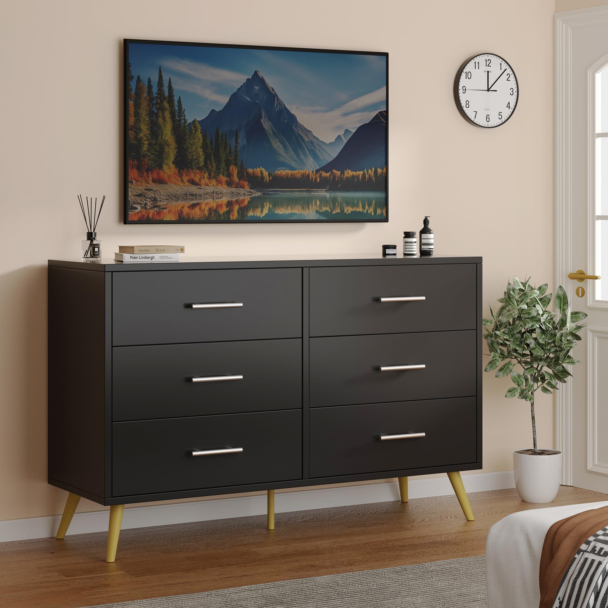 Shintenchi 6-Drawer Dresser - Modern Wide Chest of Drawers with Large Storage, Black Organizer Cabinet for Bedroom, Living Room & Porch | Perfect for Clothes, Toys & Home Organization