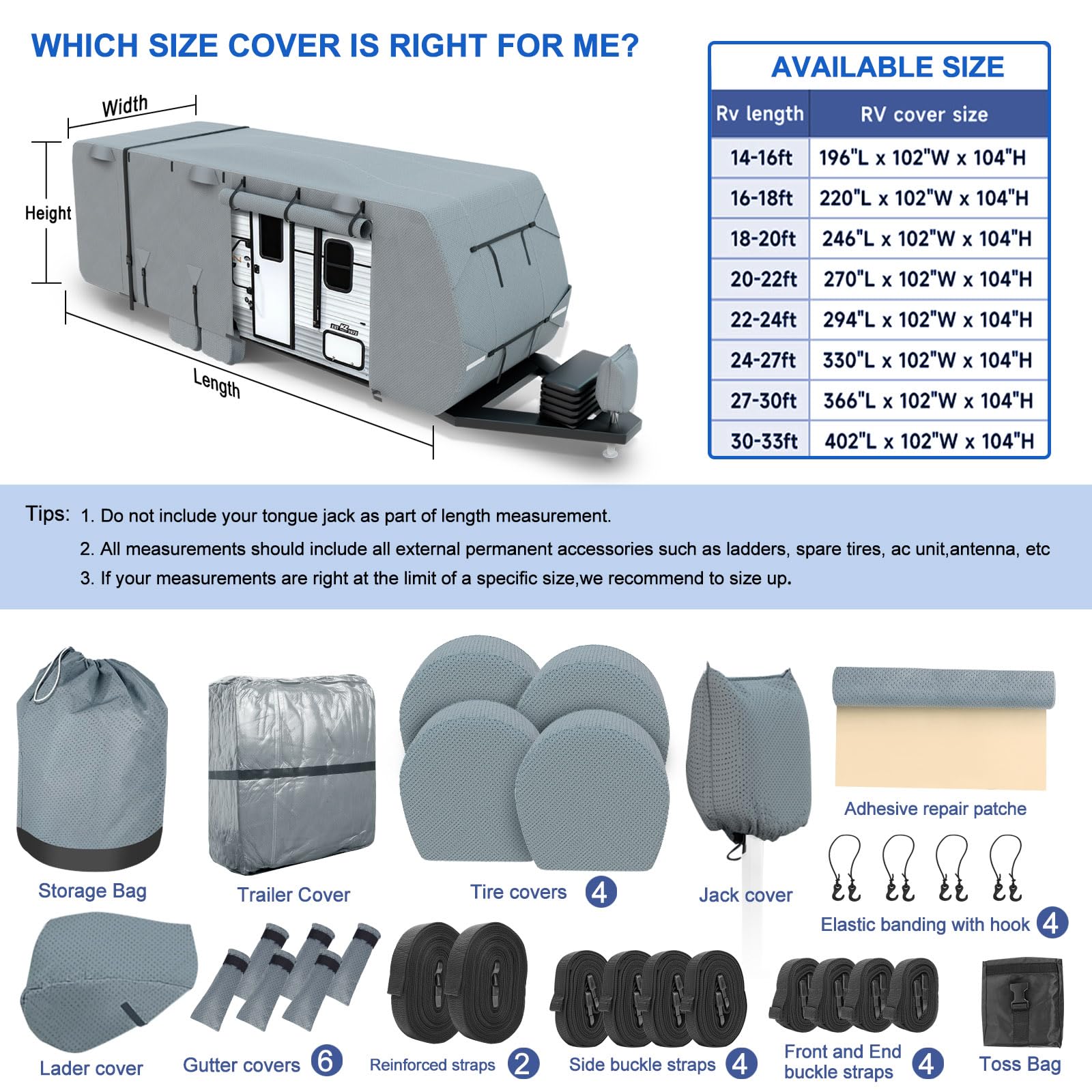 14'-16' Heavy Duty RV Cover - 7+3 Layer Windproof, Waterproof, UV-Resistant Camper Trailer Cover for Winter Snow Protection - Includes Adhesive Repair Patches, 2 Extra Straps & 4 Tire Covers - Ideal for Outdoor Storage, Camping & Extreme Weather Protection