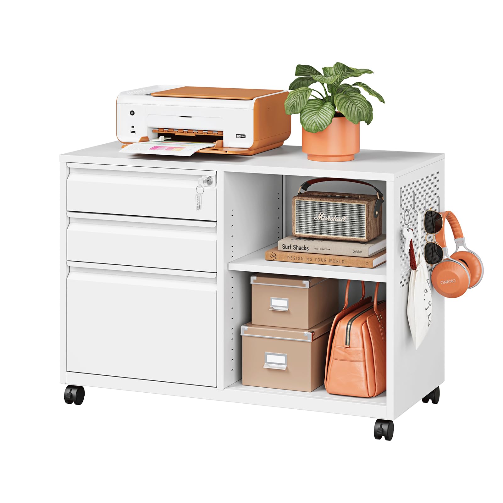 3-Drawer Locking Metal File Cabinet, Mobile Lateral Office Storage with Shelves - White | Home Office Organization, Printer Stand & Document Filing Solution