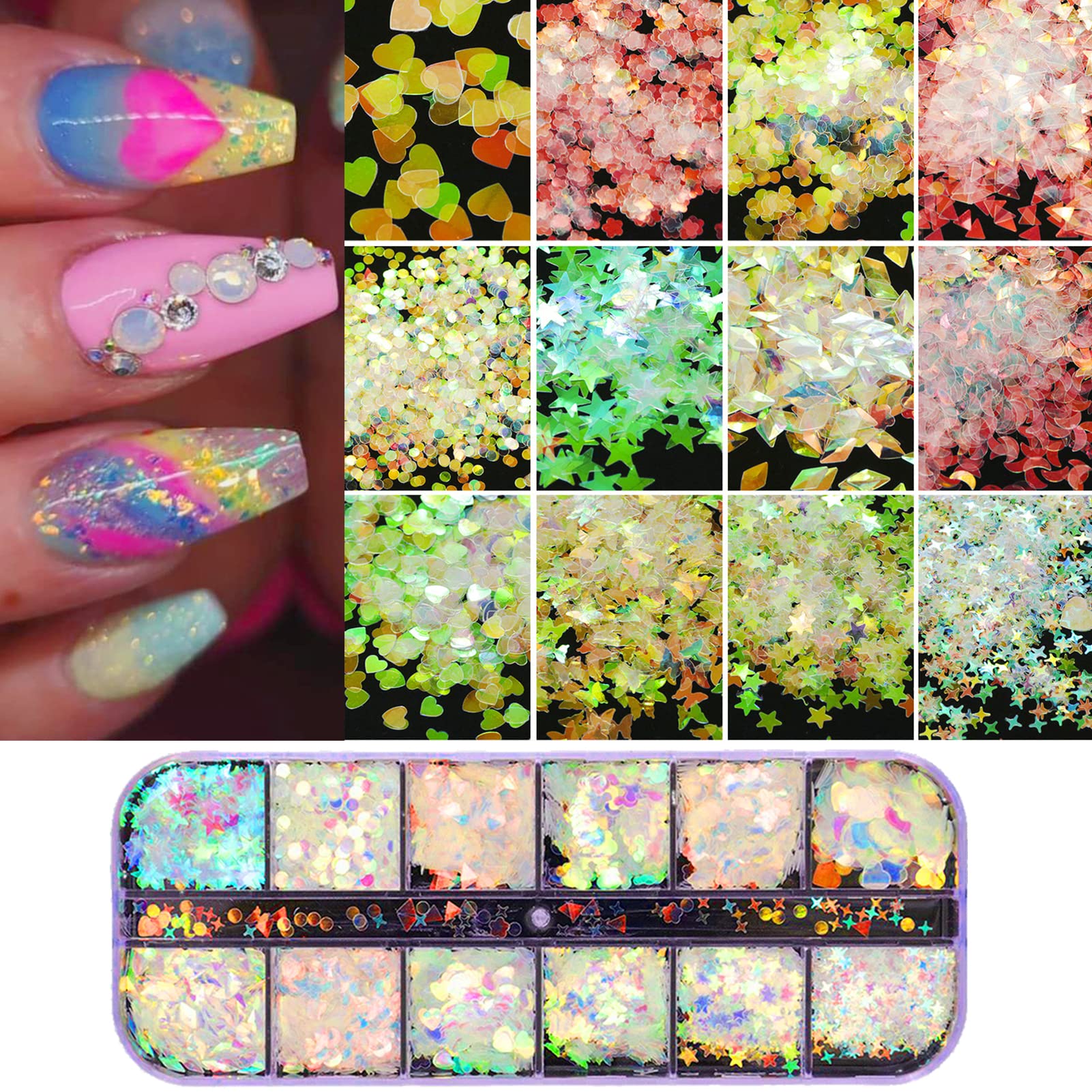 Holographic Nail Glitter Sequins Set - Laser Butterfly & Star Chunky Glitter Flakes for Acrylic Nails, Nail Art, DIY Manicure - Perfect for Nail Salon, Home Nail Design, Party Makeup (4 Styles)