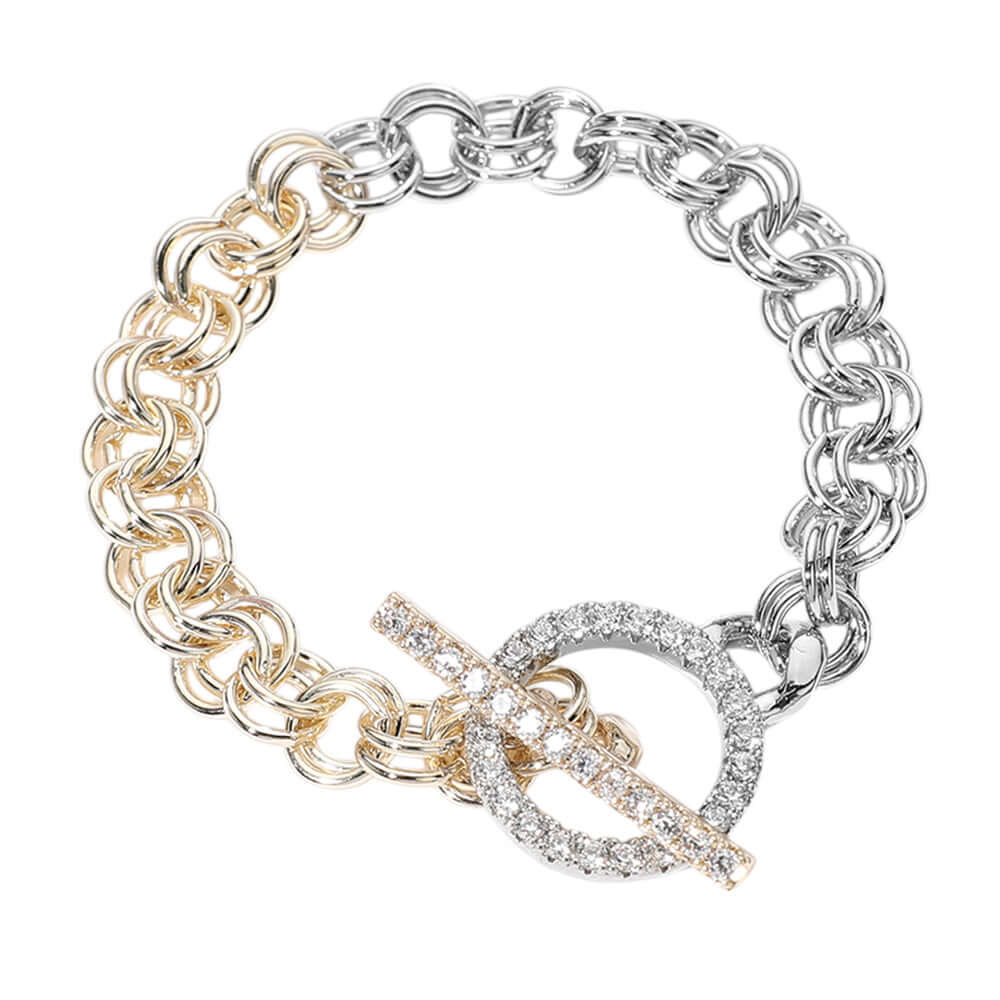 14K Gold Plated CZ Stone Two-Tone Toggle Bracelet for Women - Elegant Layered Jewelry for Parties, Date Night & Special Occasions