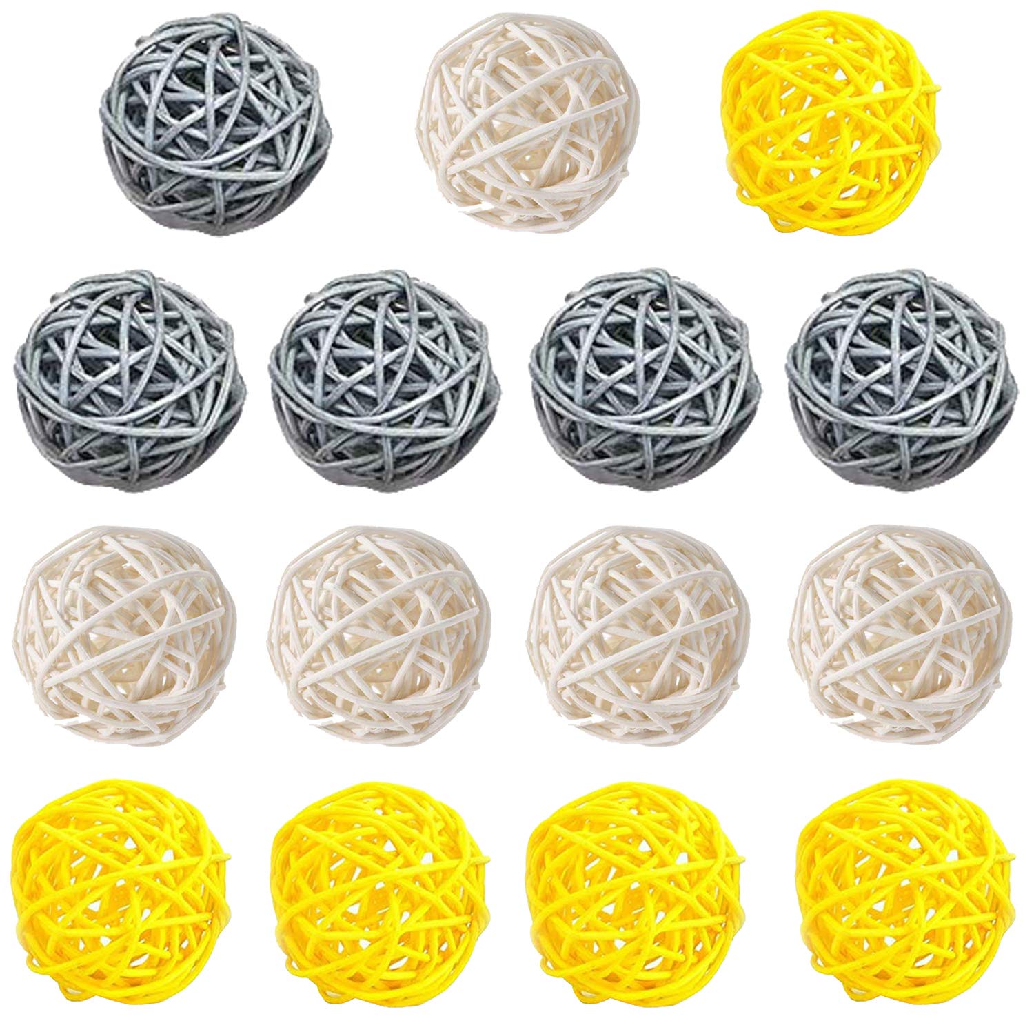 15-Pack Mixed Gray Yellow White Wicker Rattan Balls - Decorative Balls for Bowls, Vase Fillers, Coffee Table Decor, Wedding & Party Decorations - Perfect for Home, Office, and Event Centerpieces