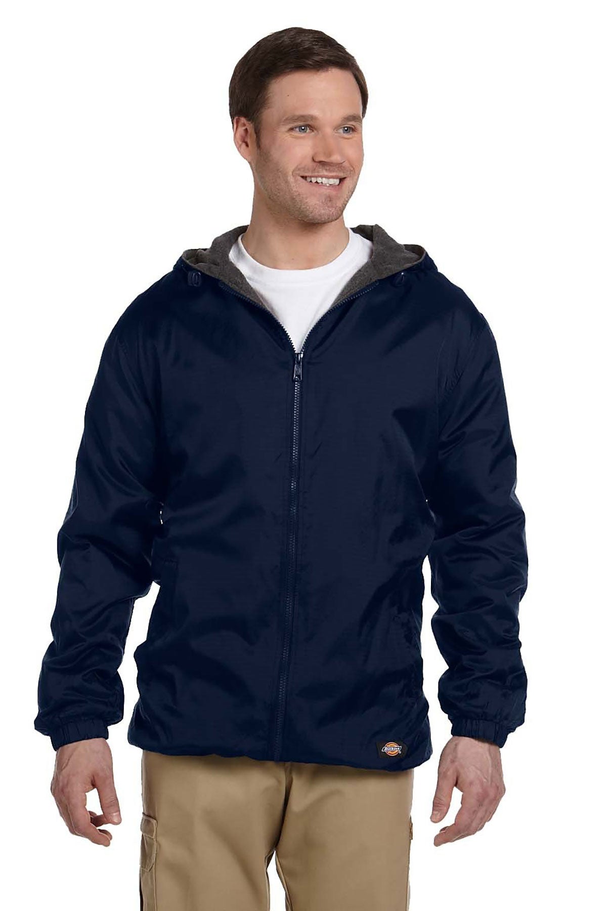 Dickies Fleece Lined Hooded Nylon Jacket for Men - Warm Winter Work Coat, Windproof & Water-Resistant (Dark Navy) - Ideal for Construction, Outdoor Jobs & Cold Weather Activities