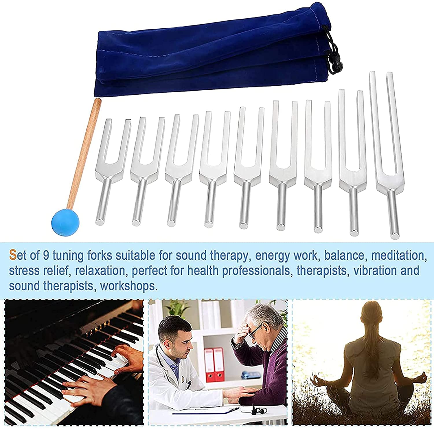9-Piece Solfeggio Tuning Forks Set with Hammer & Silicone Bag - 417Hz & 528Hz Sound Therapy Tools for Healing, Chakra Balancing & Biofield Adjustment | Perfect for Meditation, Energy Work & Holistic Wellness