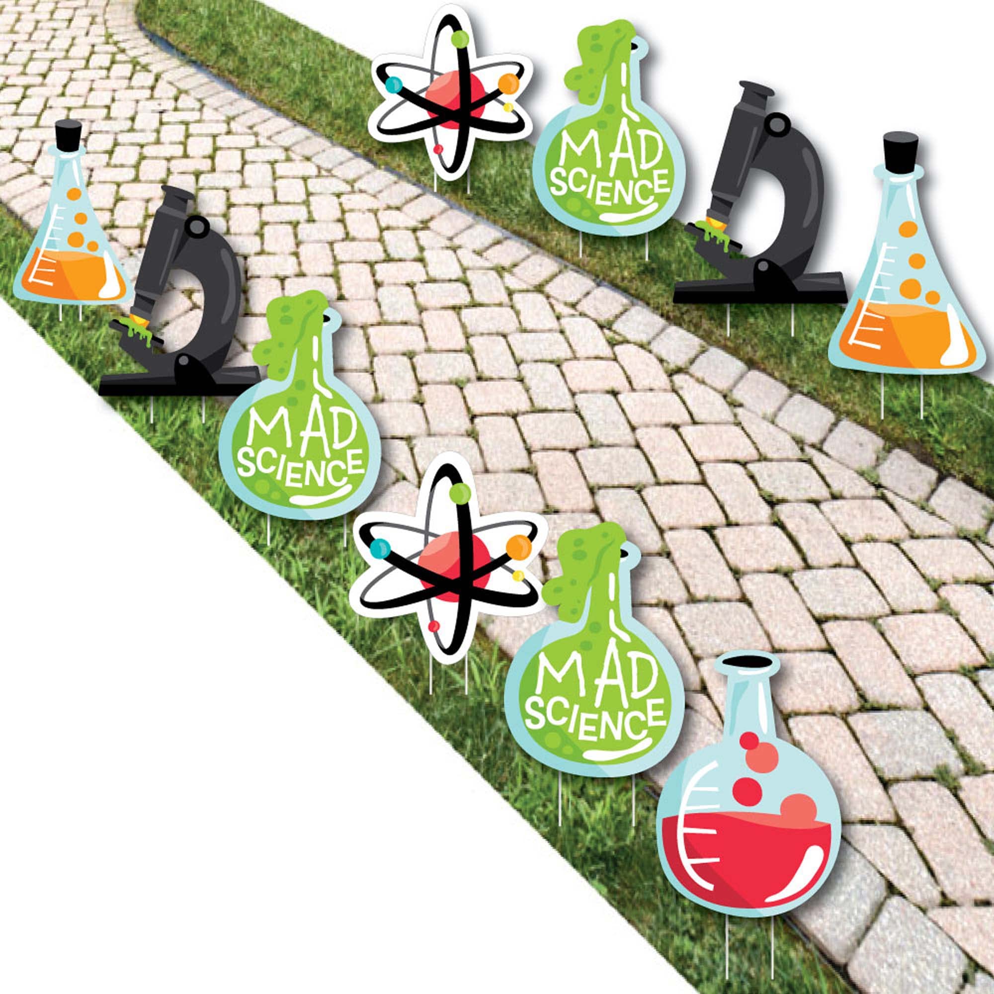 Big Dot of Happiness Scientist Lab Decorations - 10-Piece Beaker Atom Microscope Set for Outdoor Baby Shower, Birthday Party & Lawn Decor - Perfect for Science Themed Events & Garden Ornaments