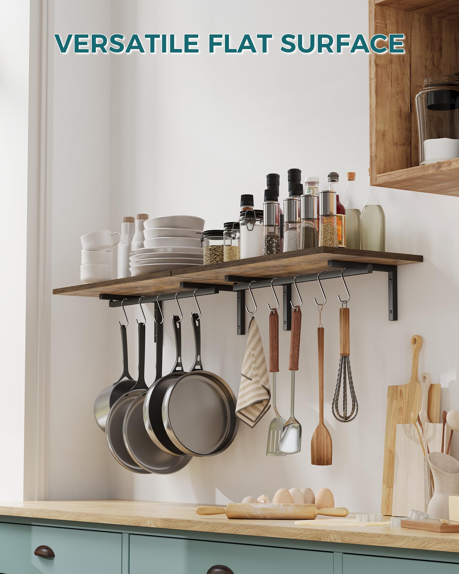 OROPY 2 Pack Wooden Wall Mounted Pot Pan Hanging Rack - 23.6 Inch Kitchen Organizer with 10 S Hooks for Cookware, Utensils & Spices - Space Saving Storage Solution for Small Kitchens, RVs & Apartments