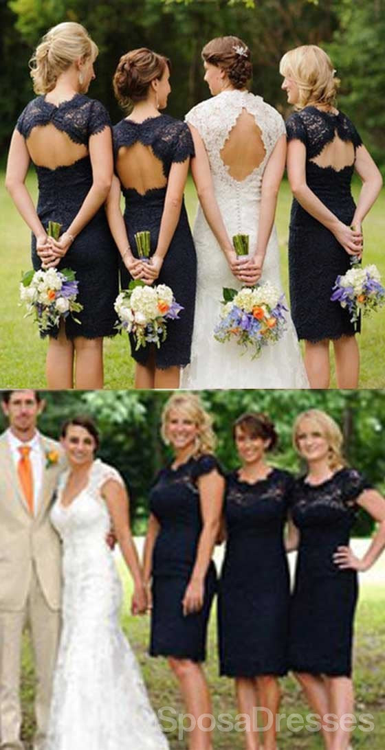 Elegant Navy Blue Lace Knee-Length Bridesmaid Dresses - WG095 | Perfect for Weddings, Formal Events & Special Occasions