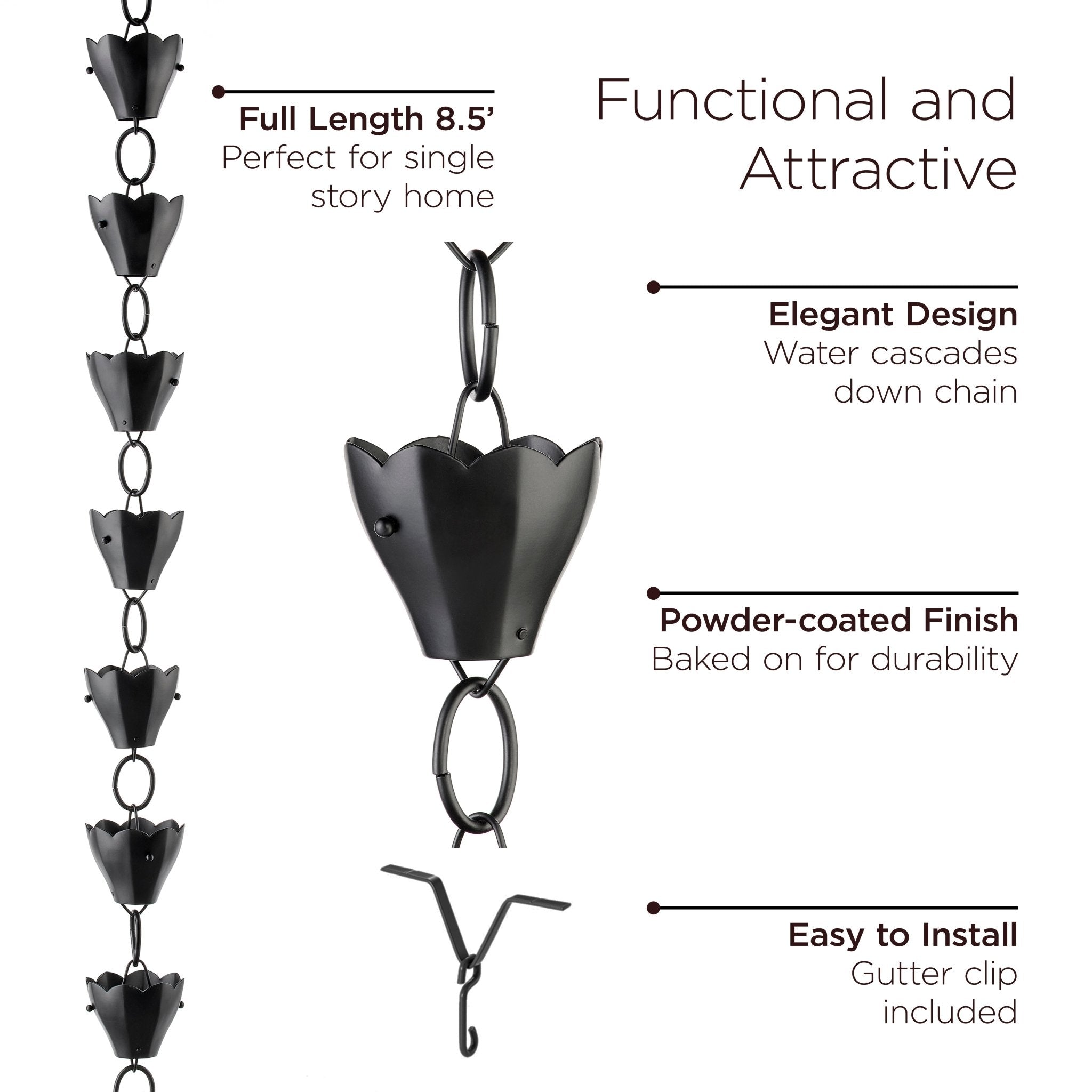 Black Tulip Rain Chain 8.5 ft with 13 Large Cups - Elegant Garden Gutter Downspout Decor for Outdoor Water Drainage