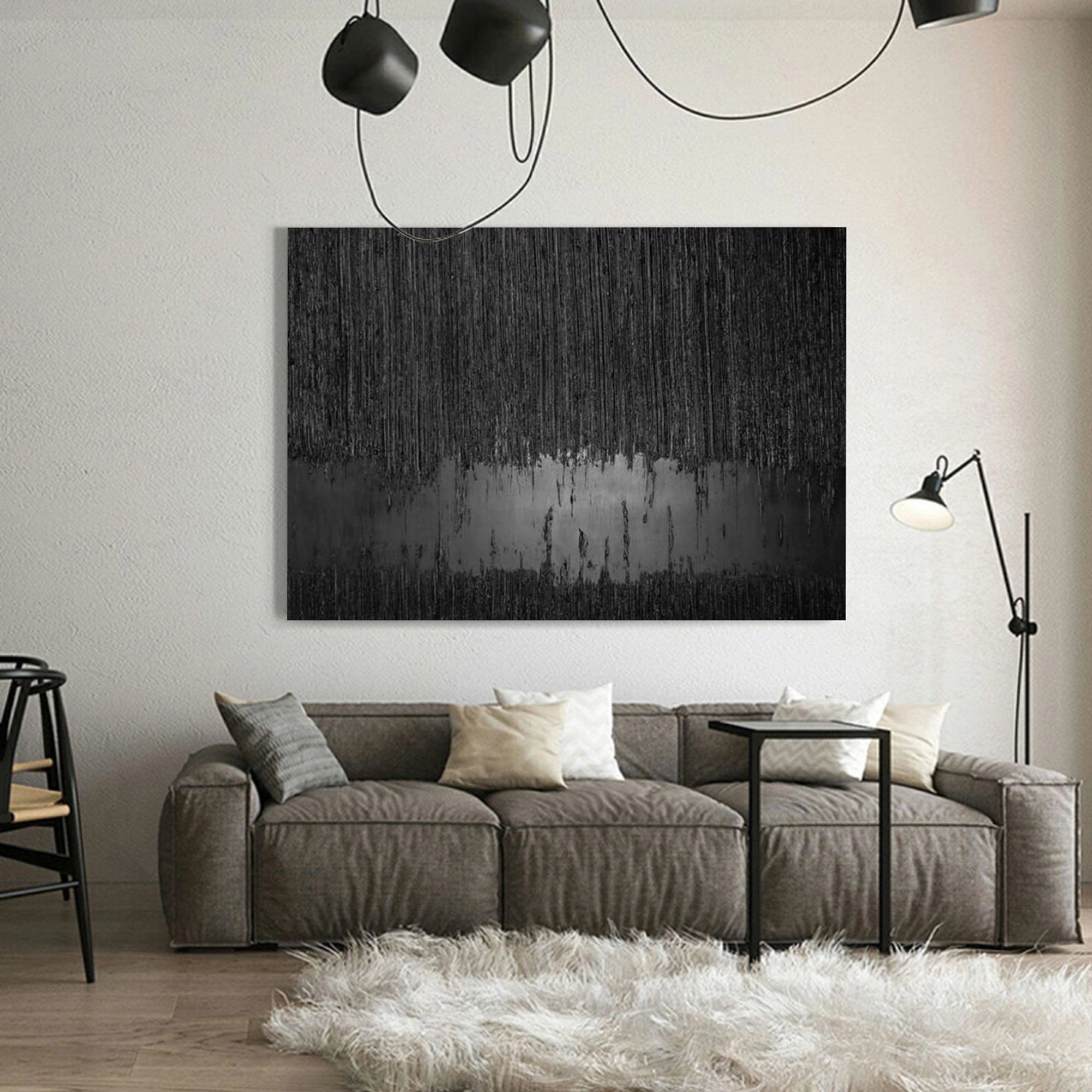 Black Minimalist Textured Abstract Wall Art Painting - Modern Home Decor for Living Room, Bedroom & Office | Premium Canvas Artwork #MZ024