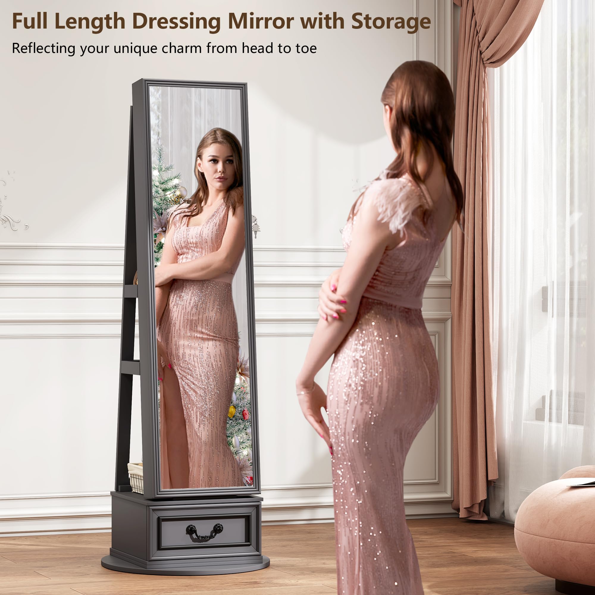 360° Swivel Jewelry Armoire with Full-Length Mirror & LED Lights - Lockable Standing Jewelry Cabinet with Foldable Makeup Shelf (Grey) - Perfect for Bedroom, Dressing Room & Closet Organization