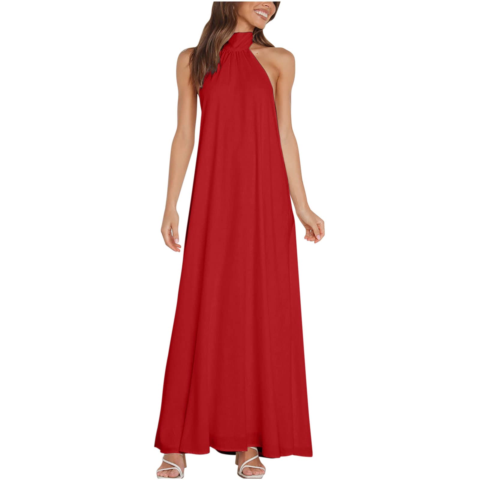 Women's Summer Dresses - Casual Cross Halter Solid Color Cut Out Backless Flowy A-Line Maxi Dress for Beach, Vacation & Outdoor Parties | Lightweight Breathable Ladies Beach Dress