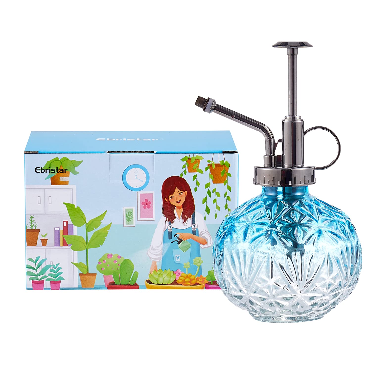 Ebristar Vintage Style Glass Plant Mister - Small Water Spray Bottle for Succulents & Houseplants with Plastic Pump Top - Indoor/Outdoor Watering Can for Home, Office, Garden - Perfect for Hydrating Plants, Cleaning Leaves & Creating Humidity - Blue