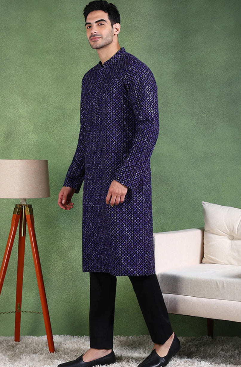 Blue Viscose Rayon Embroidered Straight Kurta for Men - Traditional Ethnic Motif Design - Perfect for Festivals, Weddings & Cultural Events