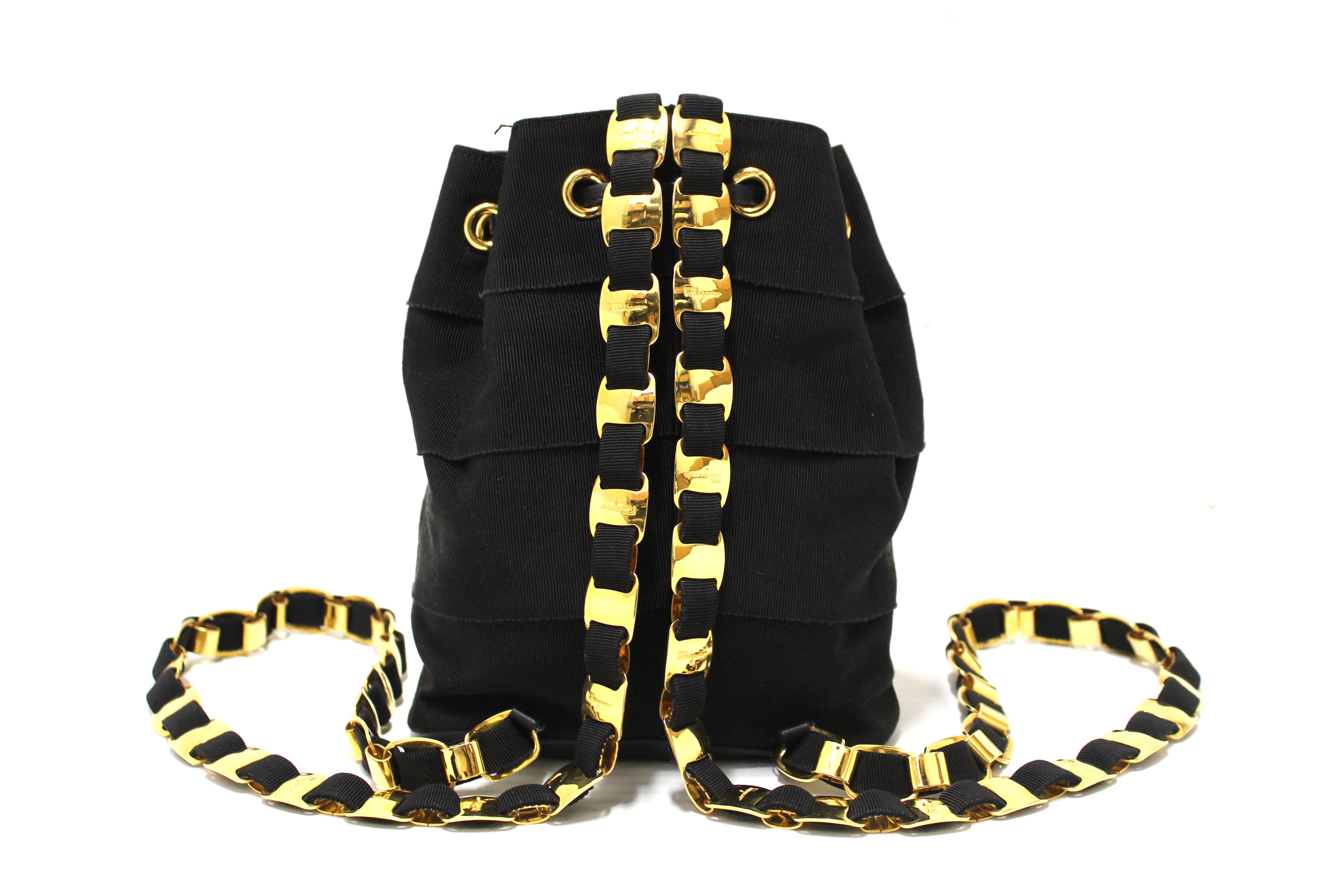 Authentic Salvatore Ferragamo Black Grosgrain Ribbon Tiered Drawstring Backpack for Women | Luxury Designer Handbag for Travel, Work & Everyday Use