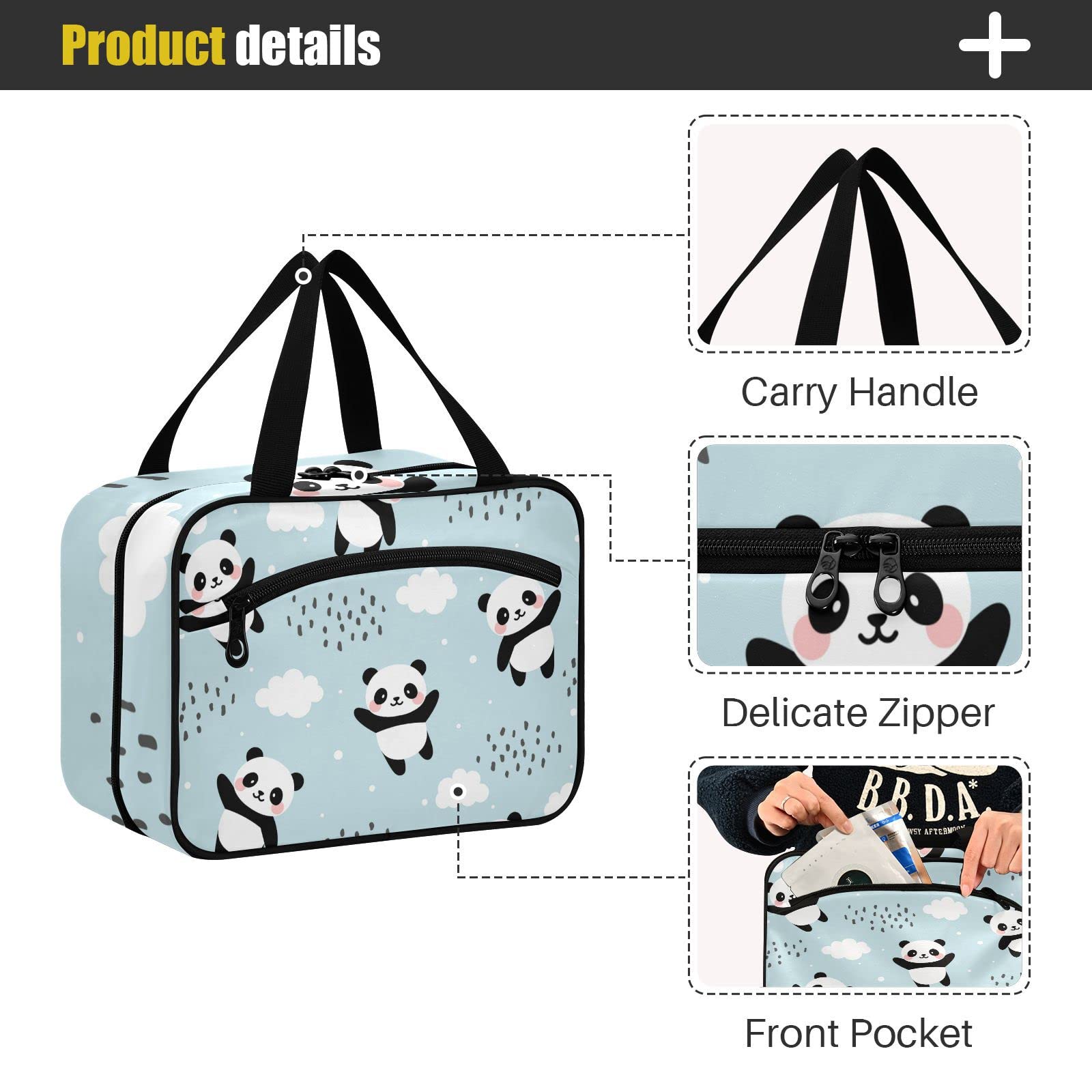 Cute Panda Travel Toiletry Bag - Large Cosmetic Organizer with Hook for Women | Perfect for Vacation & Gym