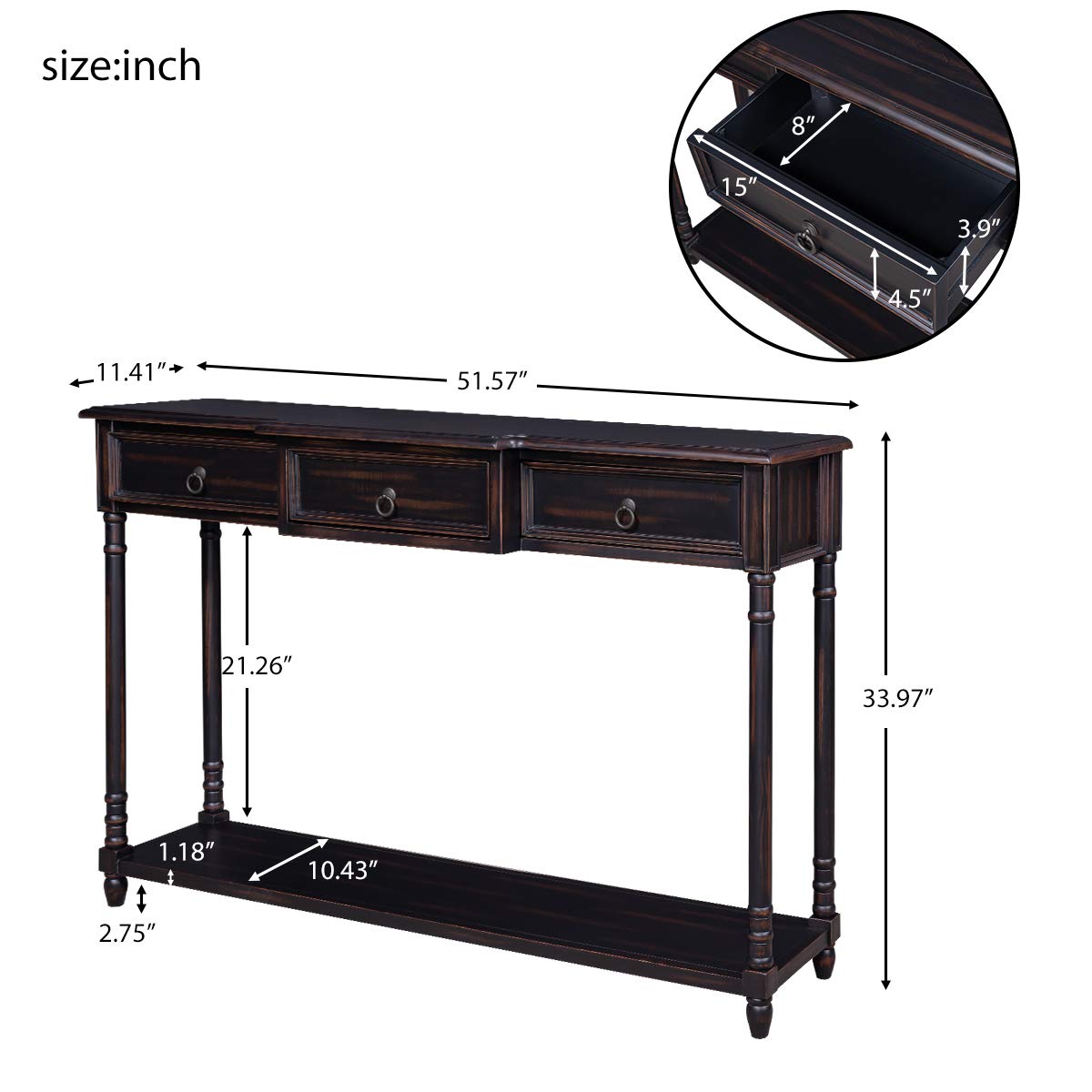 Merax Classic Entryway Console Table with Storage Drawers & Bottom Shelf - Espresso Finish for Hallway, Living Room & Foyer Organization