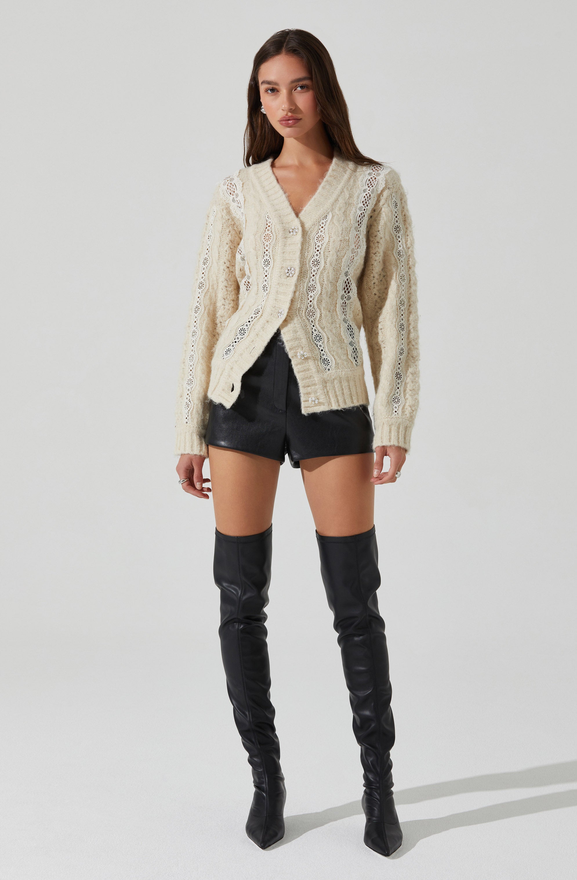Elegant Nesmarie Lace Embellished Cardigan for Women - Soft Knit Open Front Sweater | Perfect for Office, Date Night & Special Occasions