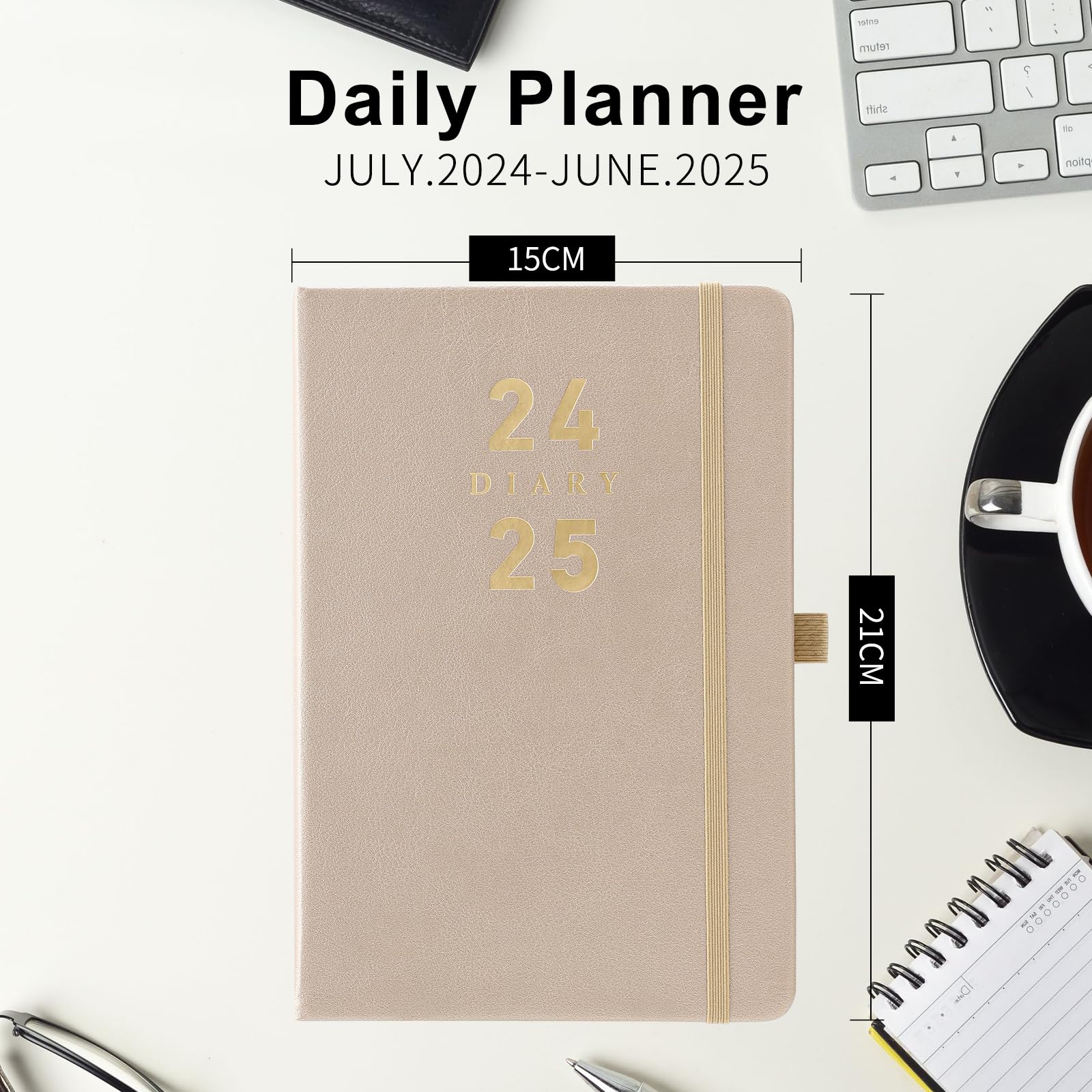 2024-2025 A5 Daily Planner Hardcover - Academic Diary July 2024 to June 2025 with Color Tabs, Pen Holder & Inner Pocket | 400 Ivory Thick Pages, Gold Foil | Perfect for Students, Professionals & Goal Tracking