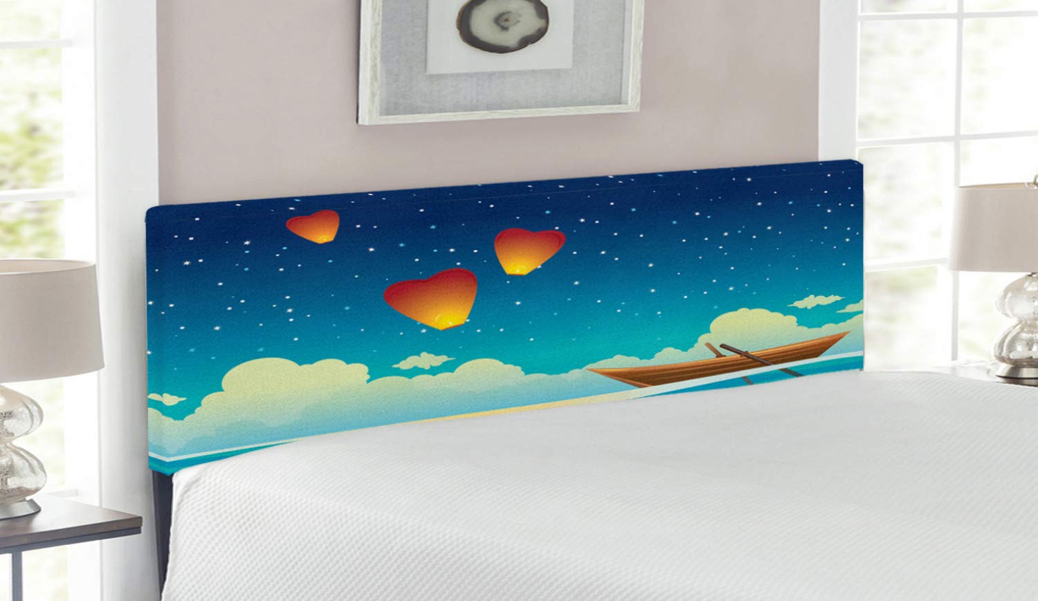 Lunarable Marine Themed Upholstered Headboard - Queen Size Wooden Boat with Paddles Ocean Landscape Design, Decorative Metal Bed Frame with Memory Foam - Perfect for Coastal, Nautical or Beach House Bedroom Decor