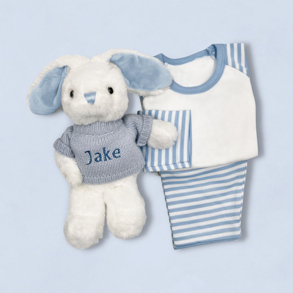 Personalized Baby Bunny Sleepy Time Hamper - Soft Blue Baby Bathrobe for Newborn to 12 Months | Cozy Nursery Essential for Bedtime & Bath Time