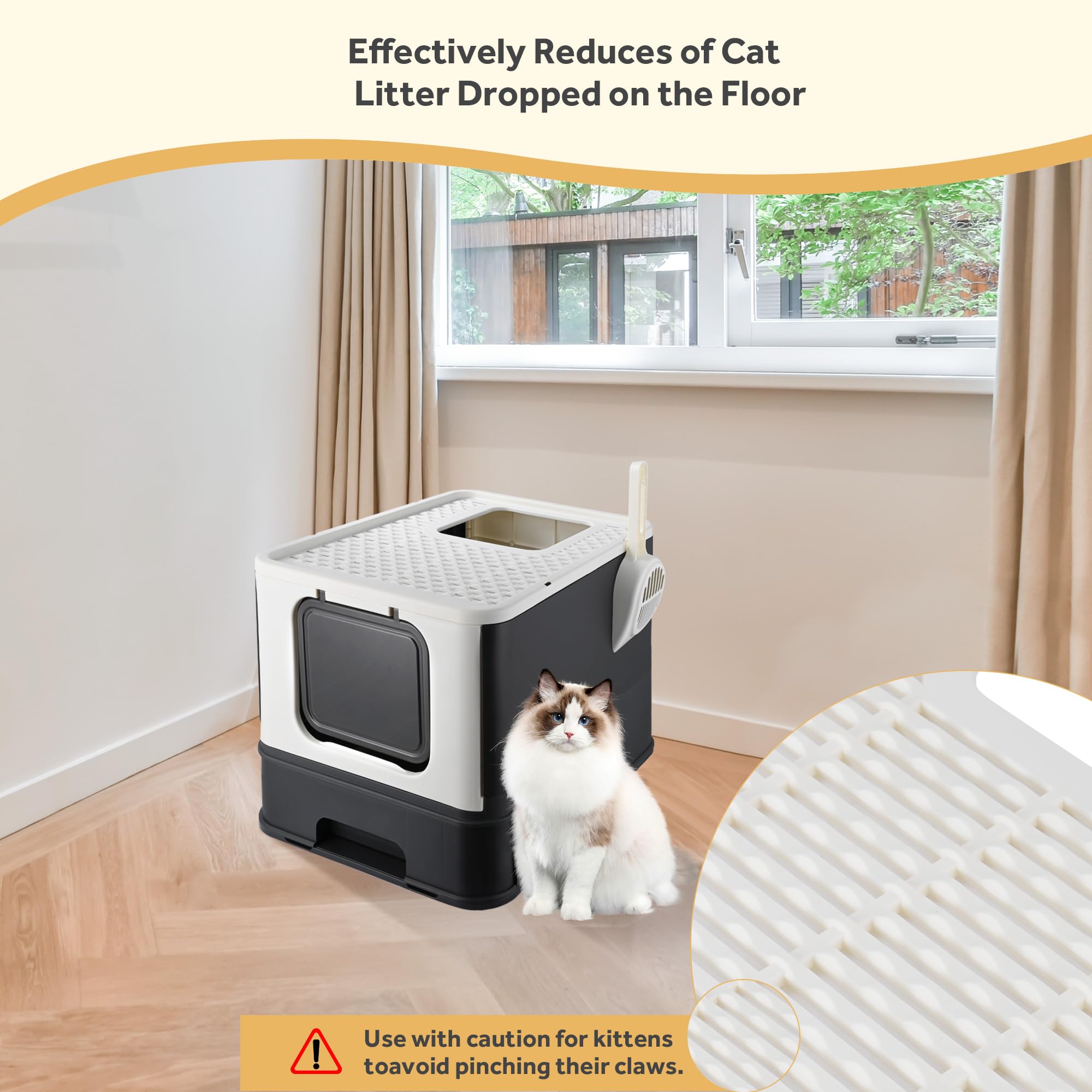 Foldable Cat Litter Box with Lid & Scoop - Extra Large Top Entry Enclosed Kitty Litter Box for Indoor Cats - Black - Perfect for Small Spaces & Multi-Cat Homes - LIVINGbasics
