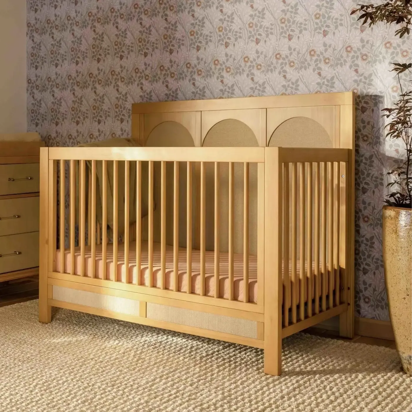 Eloise 4-in-1 Convertible Baby Crib in Honey & Sand - Eco-Friendly Weave Fabric for Nursery, Toddler & Guest Room - Safe & Durable Wooden Crib with Adjustable Mattress Height