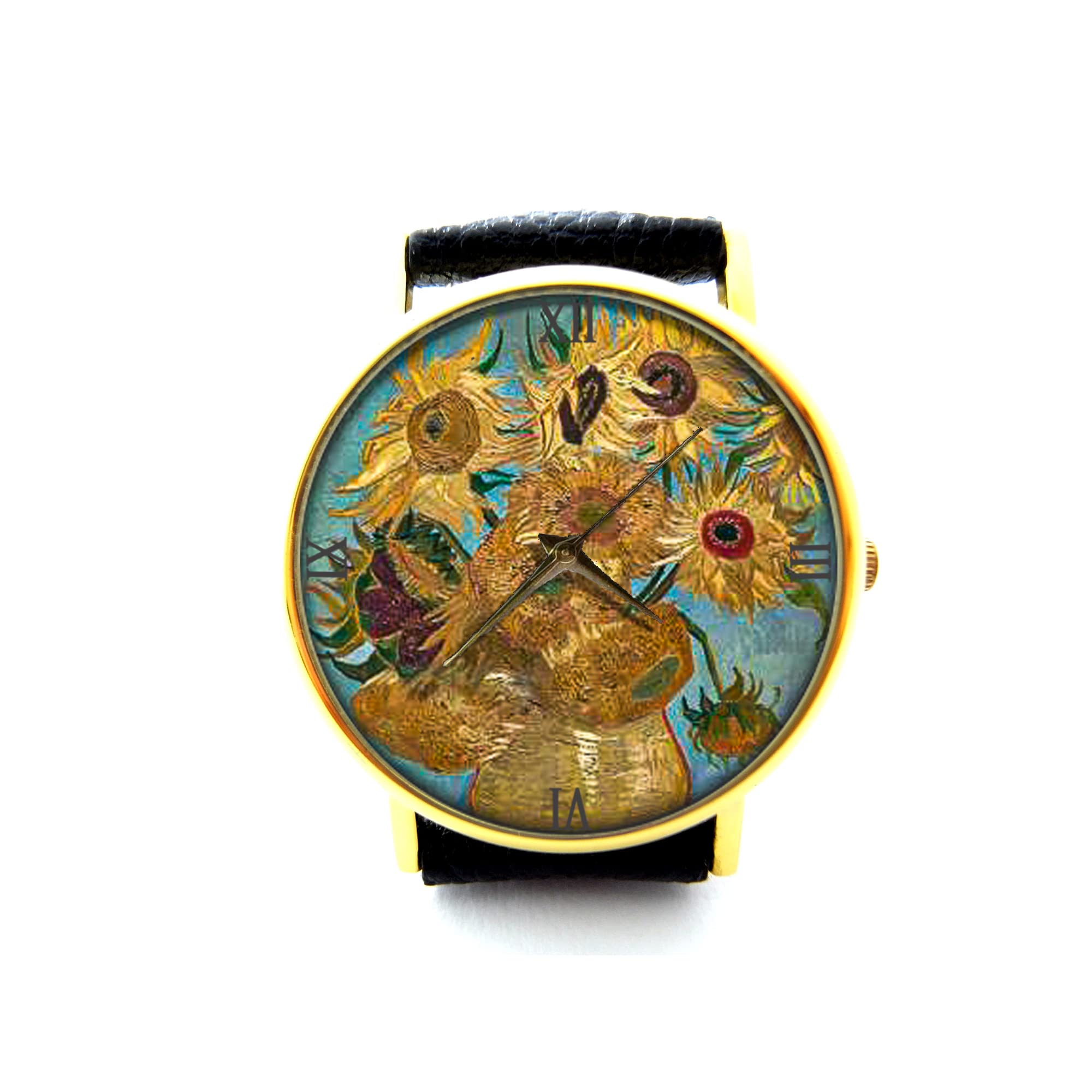 Van Gogh Sunflower Art Watch - Handmade Genuine Leather Bracelet Watch with Artistic Floral Design - Perfect for Art Lovers, Vintage Style Accessories & Unique Gift Ideas