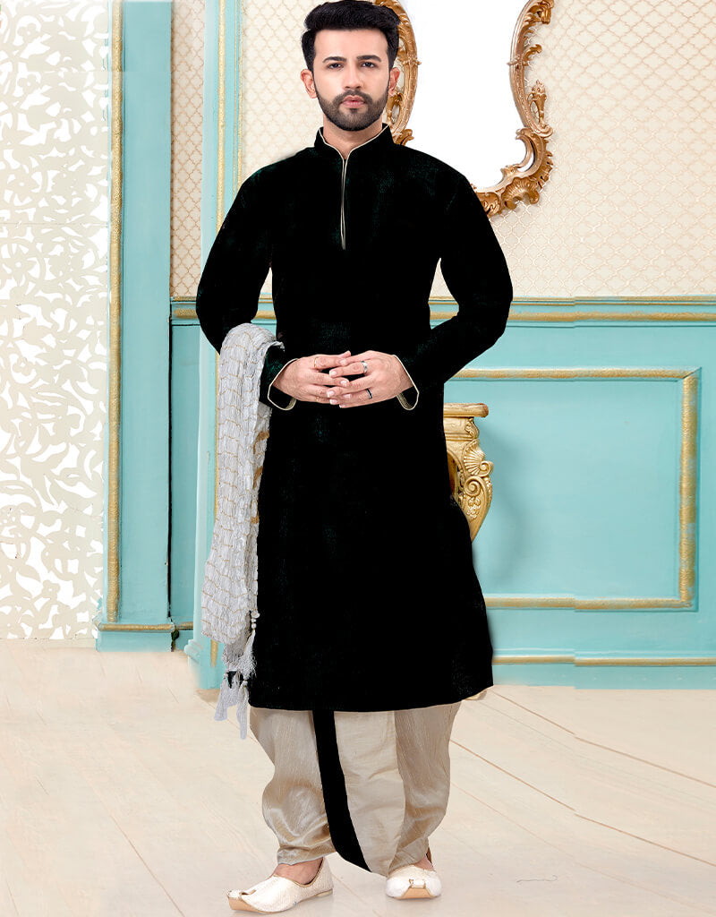 Black Kurta Dhupion Silk Dhoti for Men - Premium Indian Traditional Wear for Weddings & Festivals