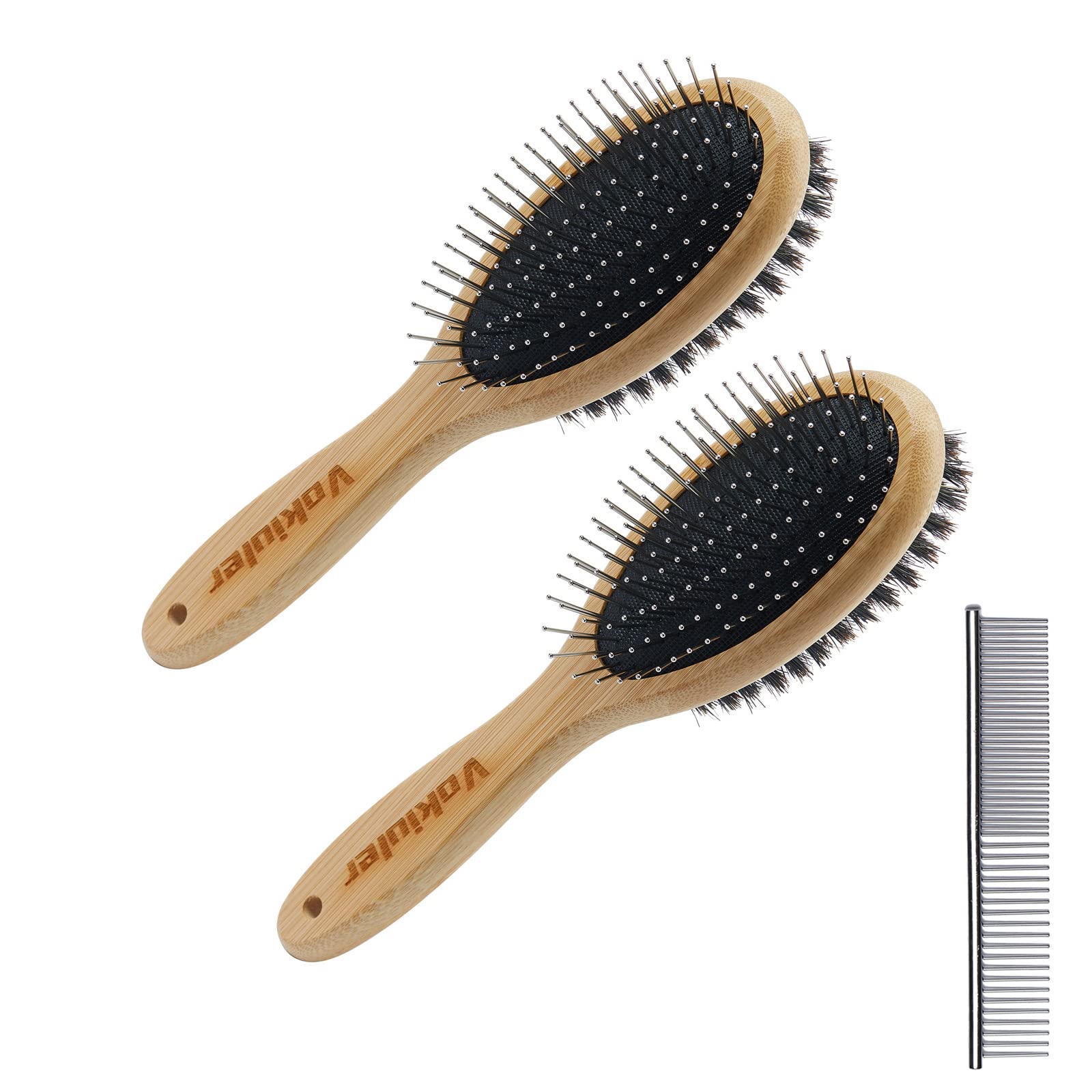 Double Sided Dog Brush & Cat Brush - Boar Bristle & Pin Pet Grooming Brush for Shedding Control - Bamboo Handle for Long & Short Hair - 4 Pack Dog Comb Set (Black & Yellow) - Perfect for Daily Pet Grooming & Coat Maintenance at Home