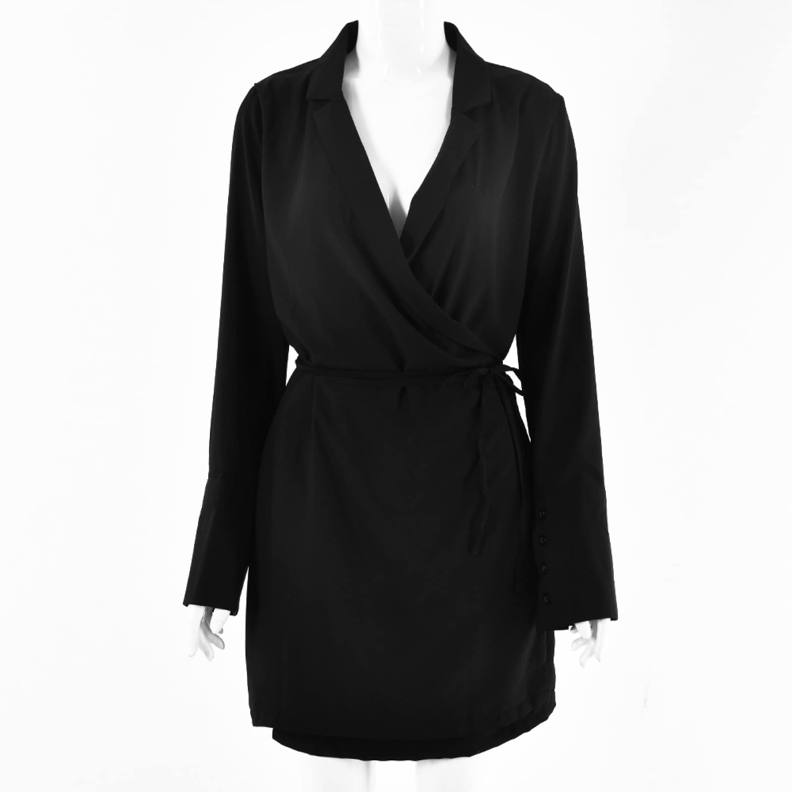 Elegant Black Deep V Neck Long Sleeve Tie Waist Formal Dress for Teens & Women - Sexy Party Gown, Office Wear, Prom Night & Special Occasions