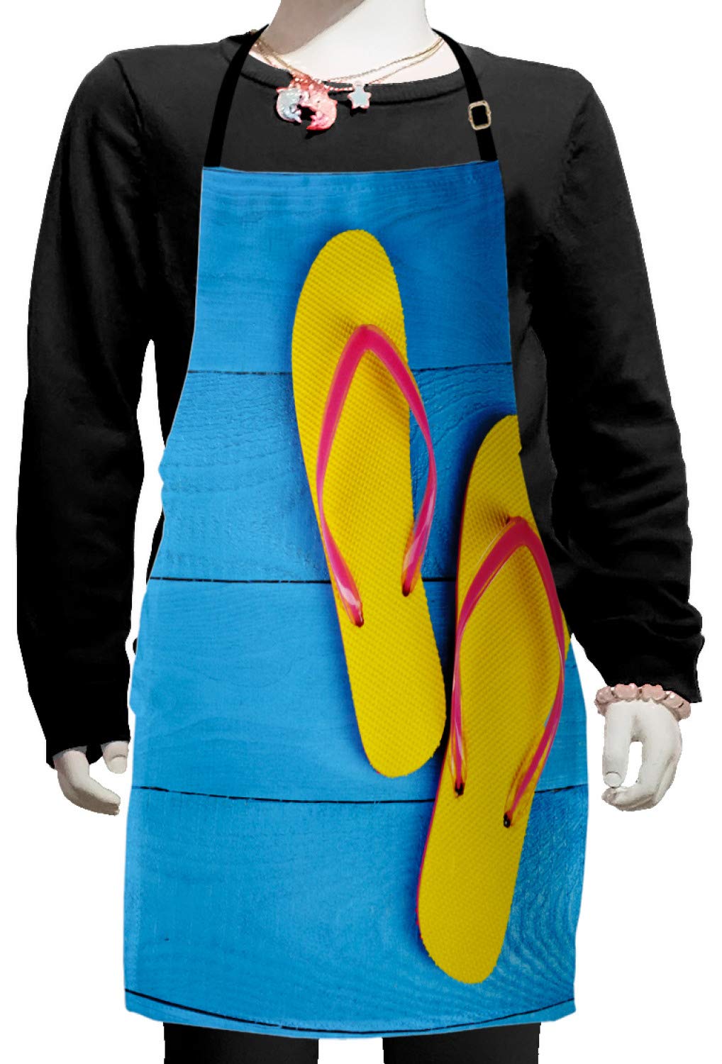 Ambesonne Adjustable Apron for Baking & Painting - Cheerful Holiday Travel Design with Flip Flops on Wooden Pier - Small Size Sky Blue Yellow Pink - Perfect for Cooking, Crafting & Outdoor BBQ Parties