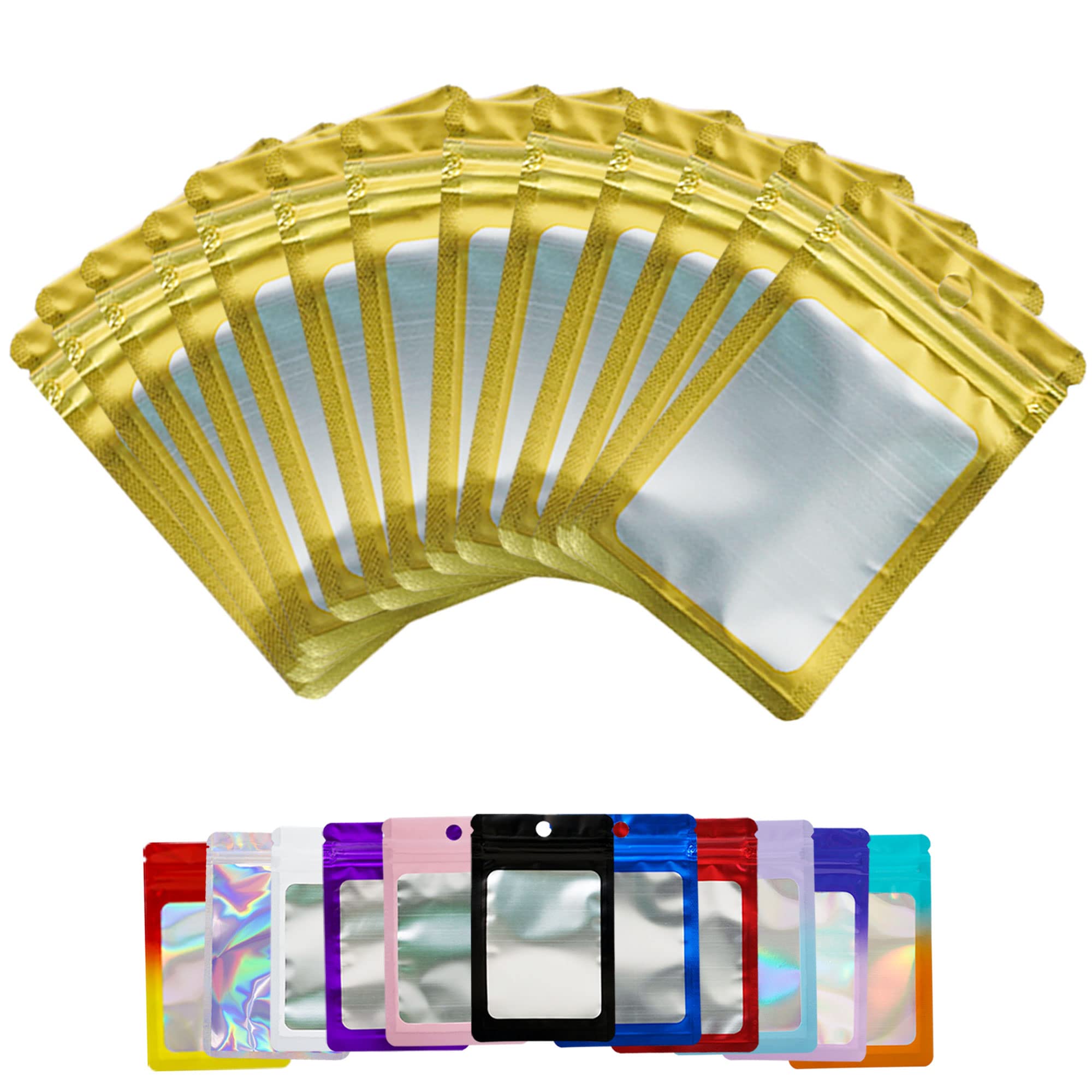 100-Pack Gold Holographic Resealable Mylar Bags - 4.33