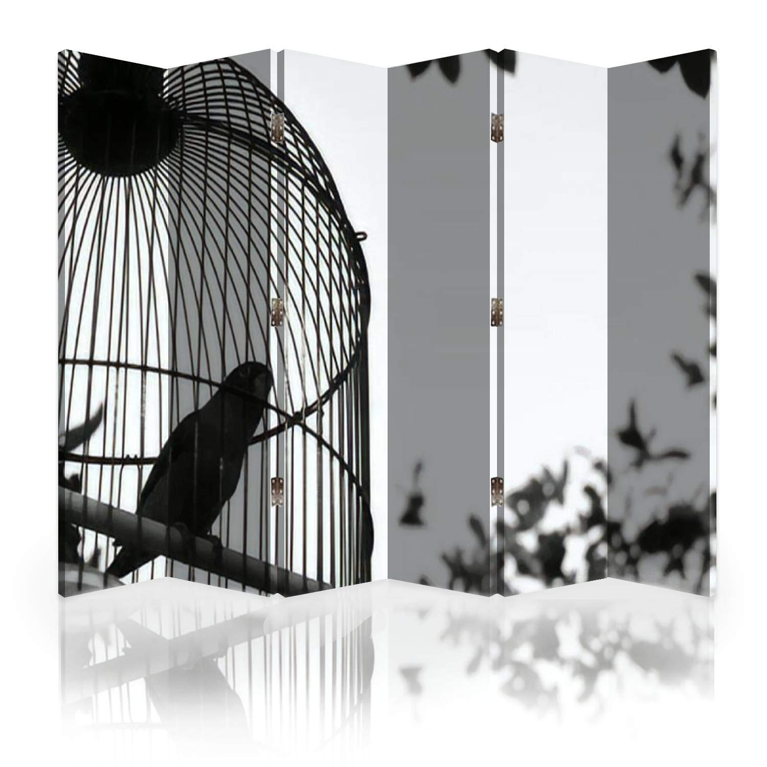 6-Panel Canvas Room Divider Screen with Bird Silhouette, Tree & Birdcages - Folding Privacy Partition Wall Separator for Living Room, Bedroom, Office & Studio