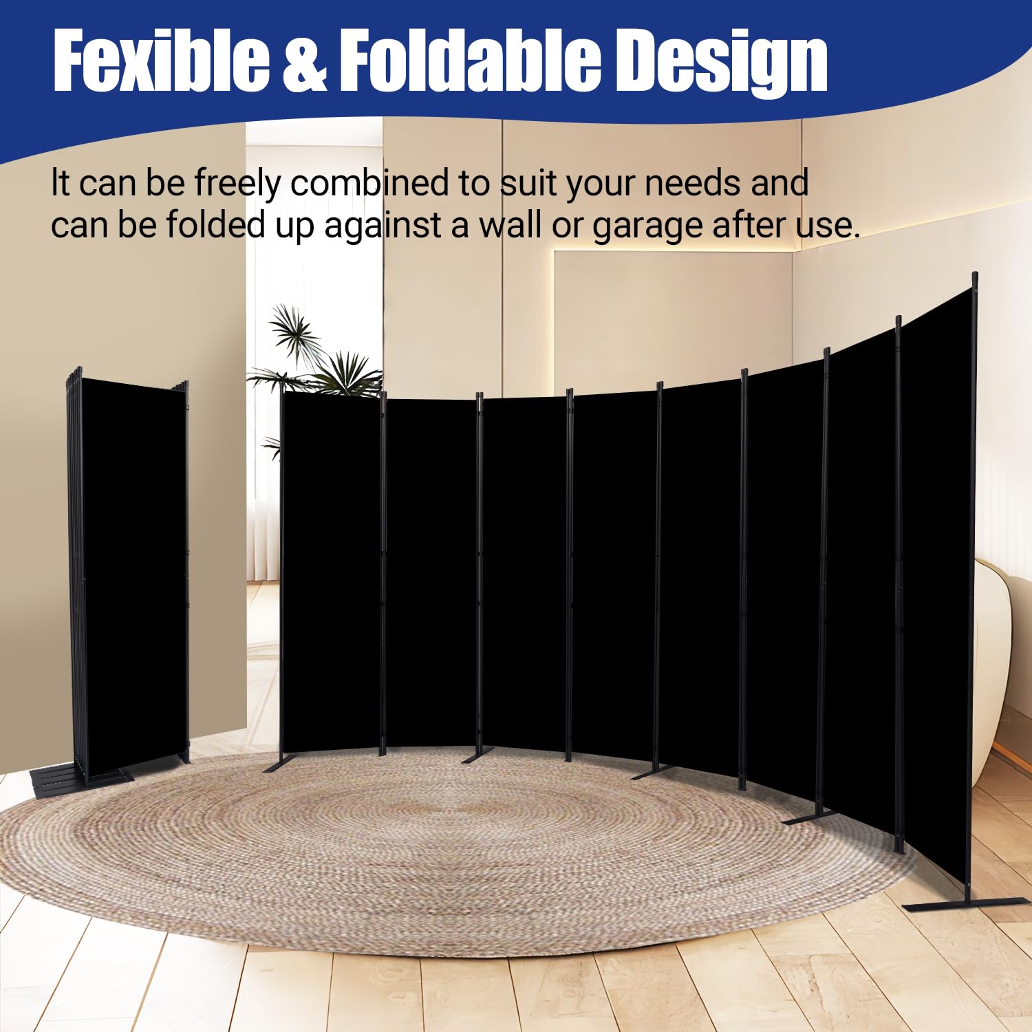 8-Panel Folding Room Divider Privacy Screen - 14.67 Ft Wide Portable Partition for Office, Bedroom, Studio & School - Black Space Separator for Home Decor, Events & Temporary Walls