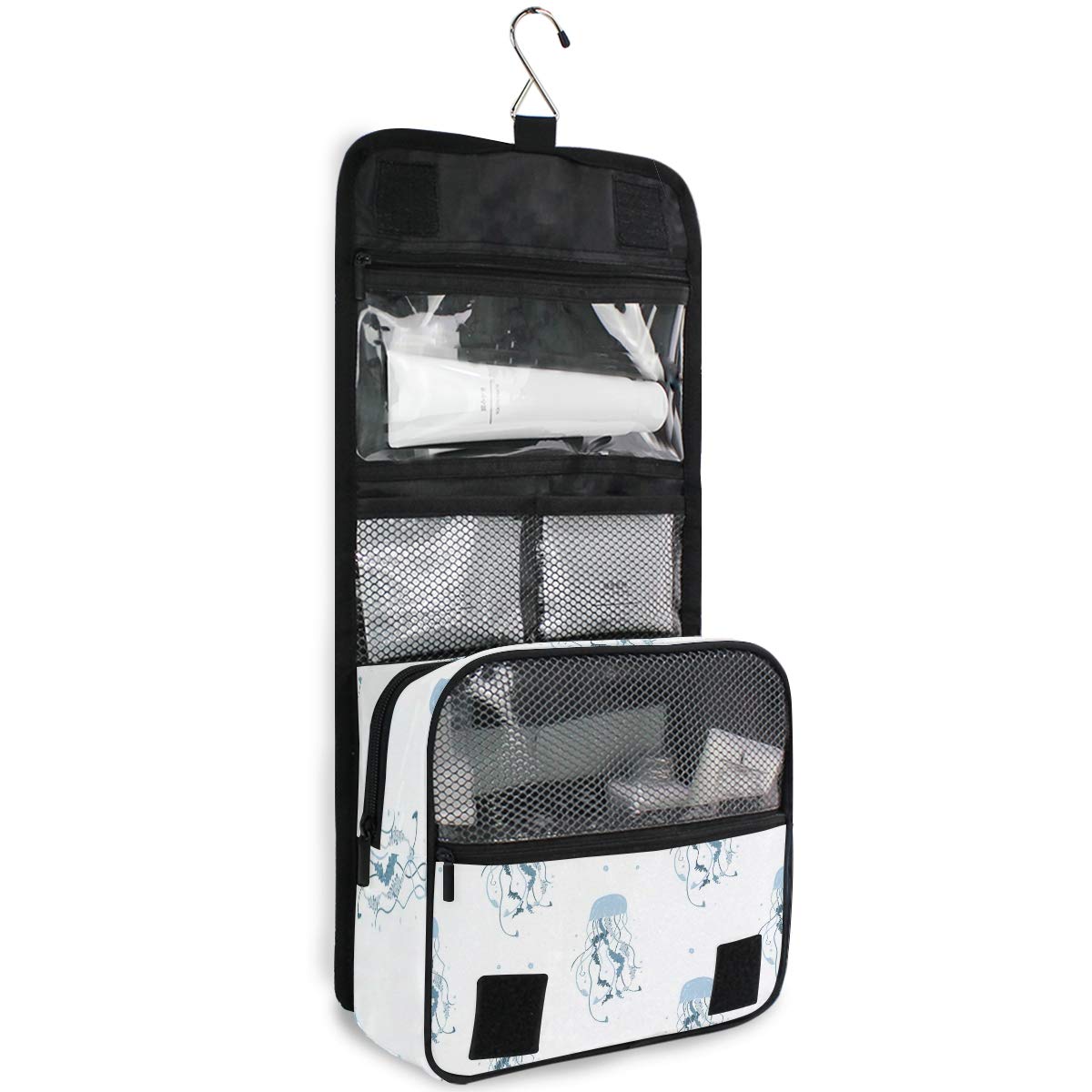 MOYYO Travel Hanging Toiletry Bag - Waterproof Cosmetic Organizer for Women | Portable Makeup Pouch with Blue Jellyfish Design | Perfect for Shower, Gym, Vacation & Daily Use