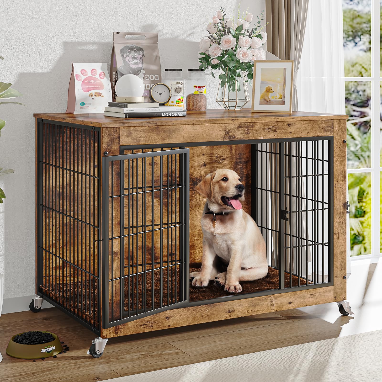 LEMBERI 32 Inch Wooden Dog Crate Furniture with Cushion - Double Door Pet Kennel Cage with Wheels for Small & Medium Dogs - Rustic Brown Indoor Dog House & Decorative Side Table - Perfect for Living Room, Bedroom or Office Use