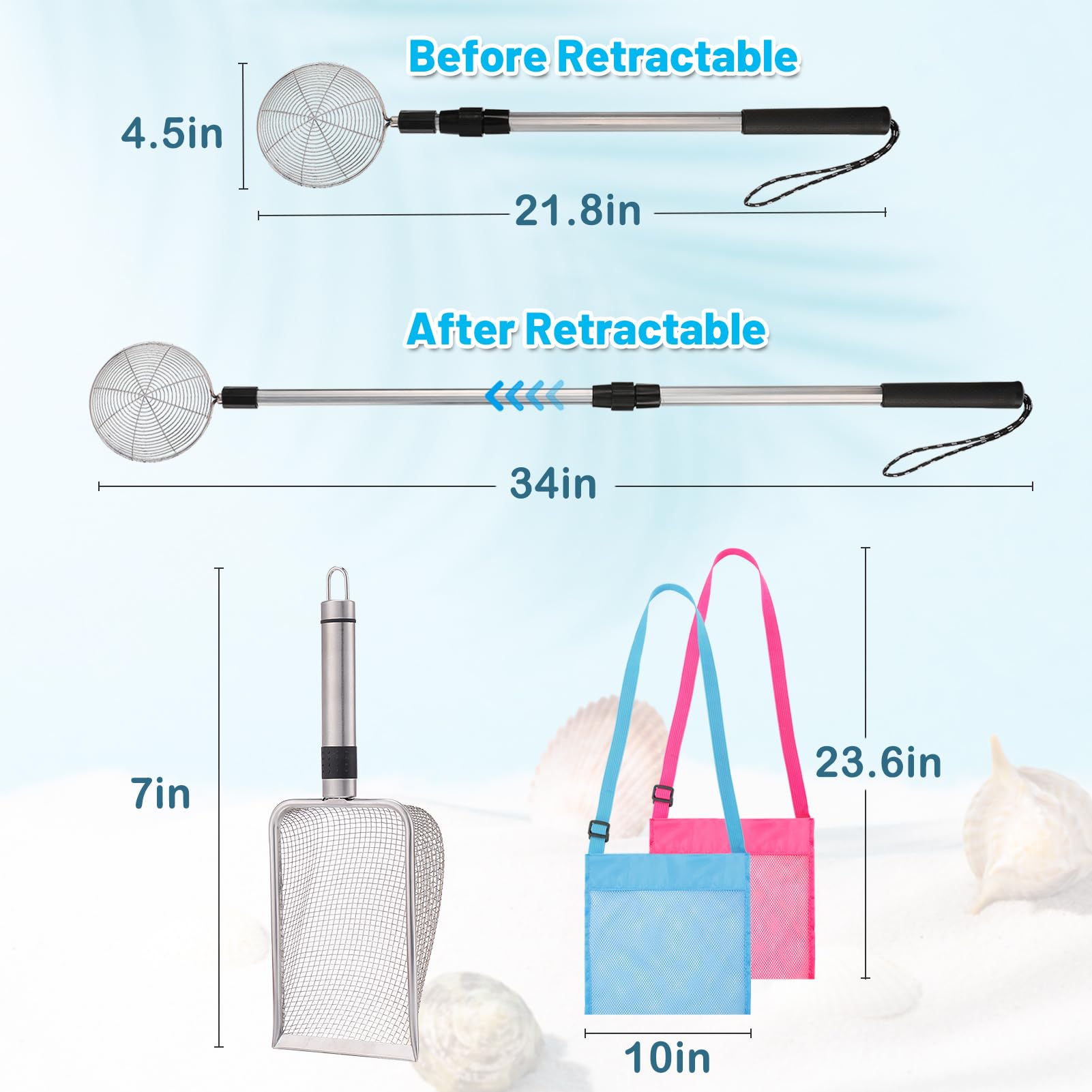 2 Pack Shark Tooth Sifter with Seashell Bags - Adjustable 21.8in to 34in Sand Sifter & Beach Shovel - Fun Beach Sand Toys for Kids & Adults - Perfect for Shell Hunting, Beachcombing & Outdoor Adventures