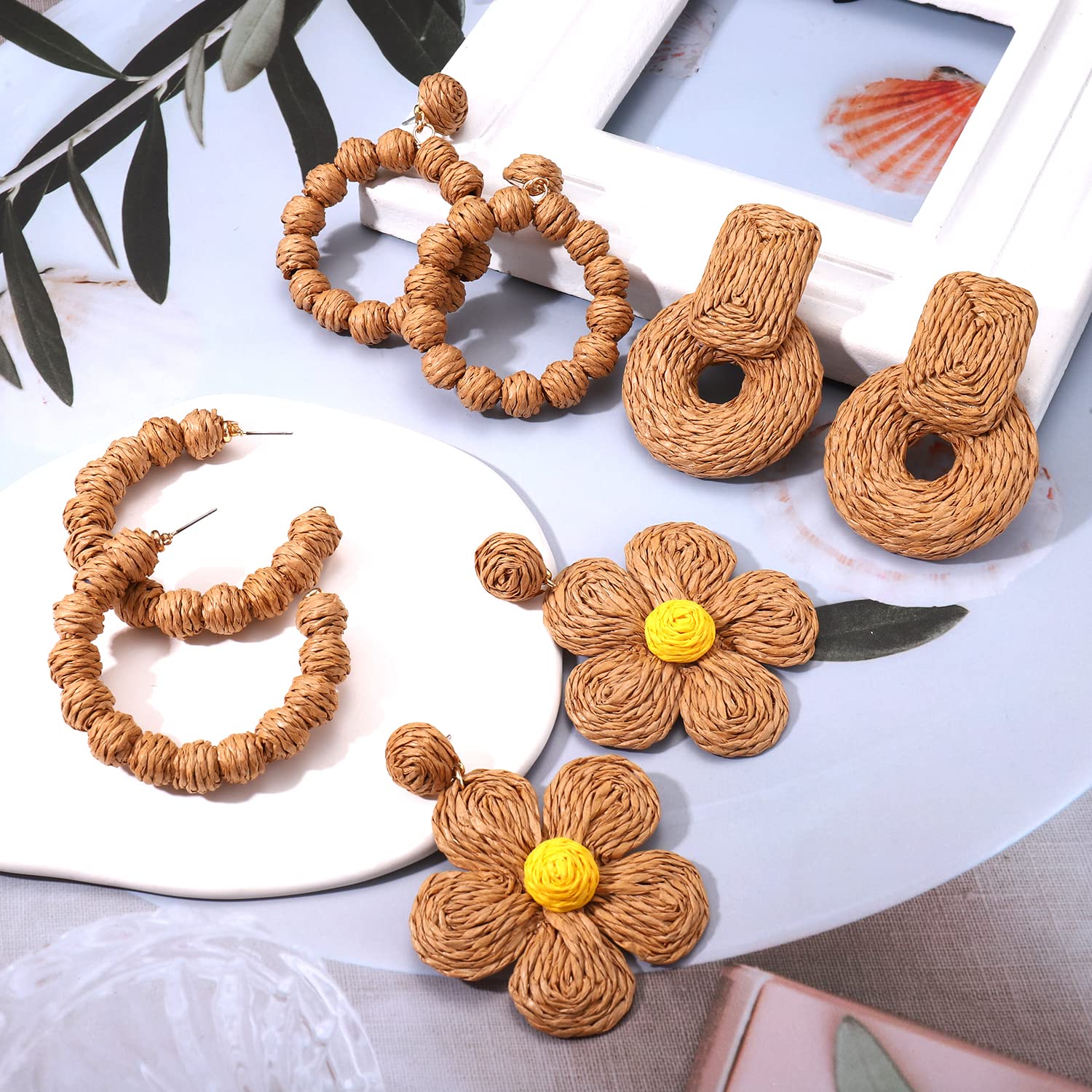 4 Pairs Boho Rattan Earrings for Women - Handmade Straw Raffia Ball Hoop Dangle Earrings with Geometric Design | Perfect for Summer Festivals, Beach Vacations & Boho Chic Outfits