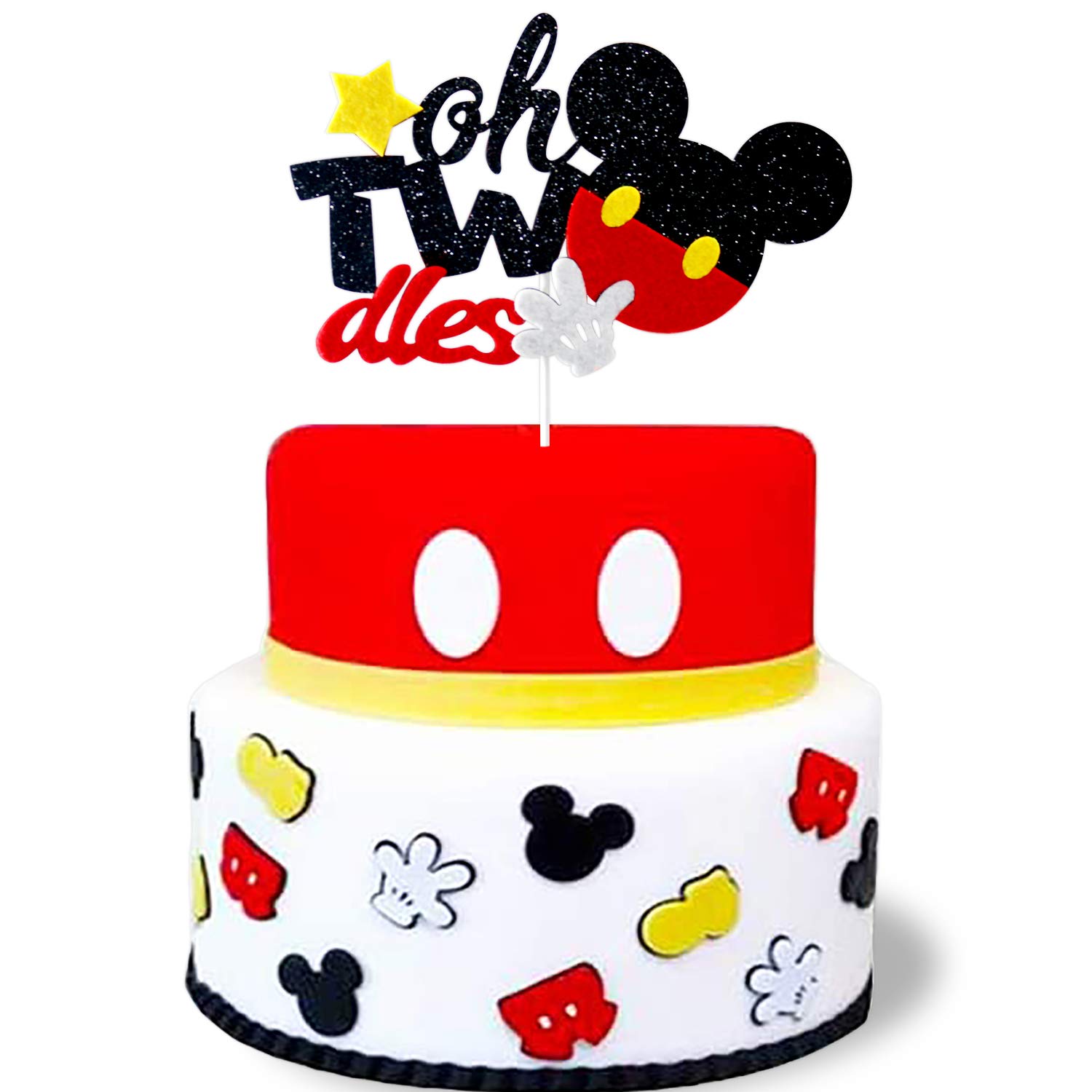 Mickey Mouse Inspired Glitter Twodels for 2nd Birthday Party Decorations - Black & Red Cake Table Decor - Perfect for Disney Themed Celebrations & Kids Birthday Parties