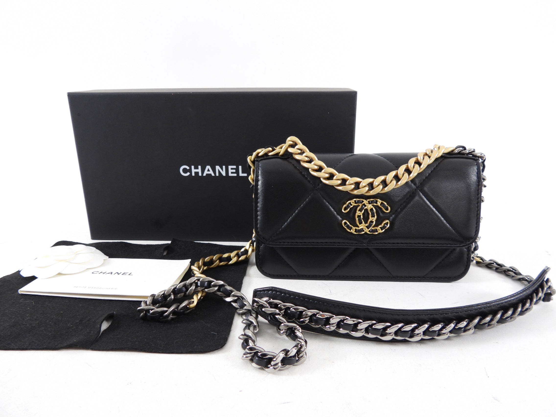 Chanel 19 Black Leather Lambskin Quilted Flap Phone Holder - Luxury Designer Phone Case for iPhone & Samsung - Perfect for Parties, Travel & Everyday Use