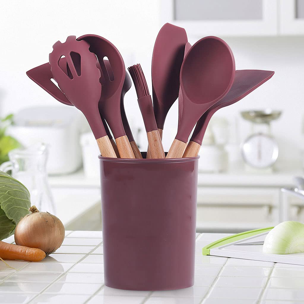 Premium 12-Piece Silicone Kitchen Utensil Set with Wooden Handles - Non-Stick, BPA Free & Heat Resistant Cooking Tools - Perfect for Baking, Frying & Everyday Meal Prep - Ideal Housewarming & Wedding Gift