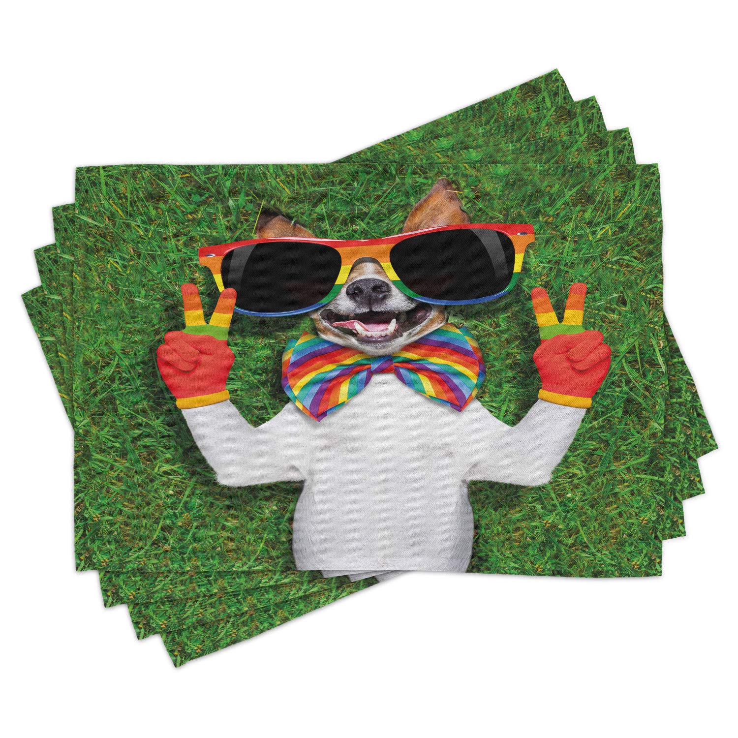 Ambesonne Pride Place Mats Set of 4 - Funny Gay Dog Design with Peace Signs & Sunglasses on Green Grass - Washable Fabric Placemats for Dining Table & Kitchen Decor - Perfect for LGBTQ+ Parties, Pride Events & Fun Dining Experiences