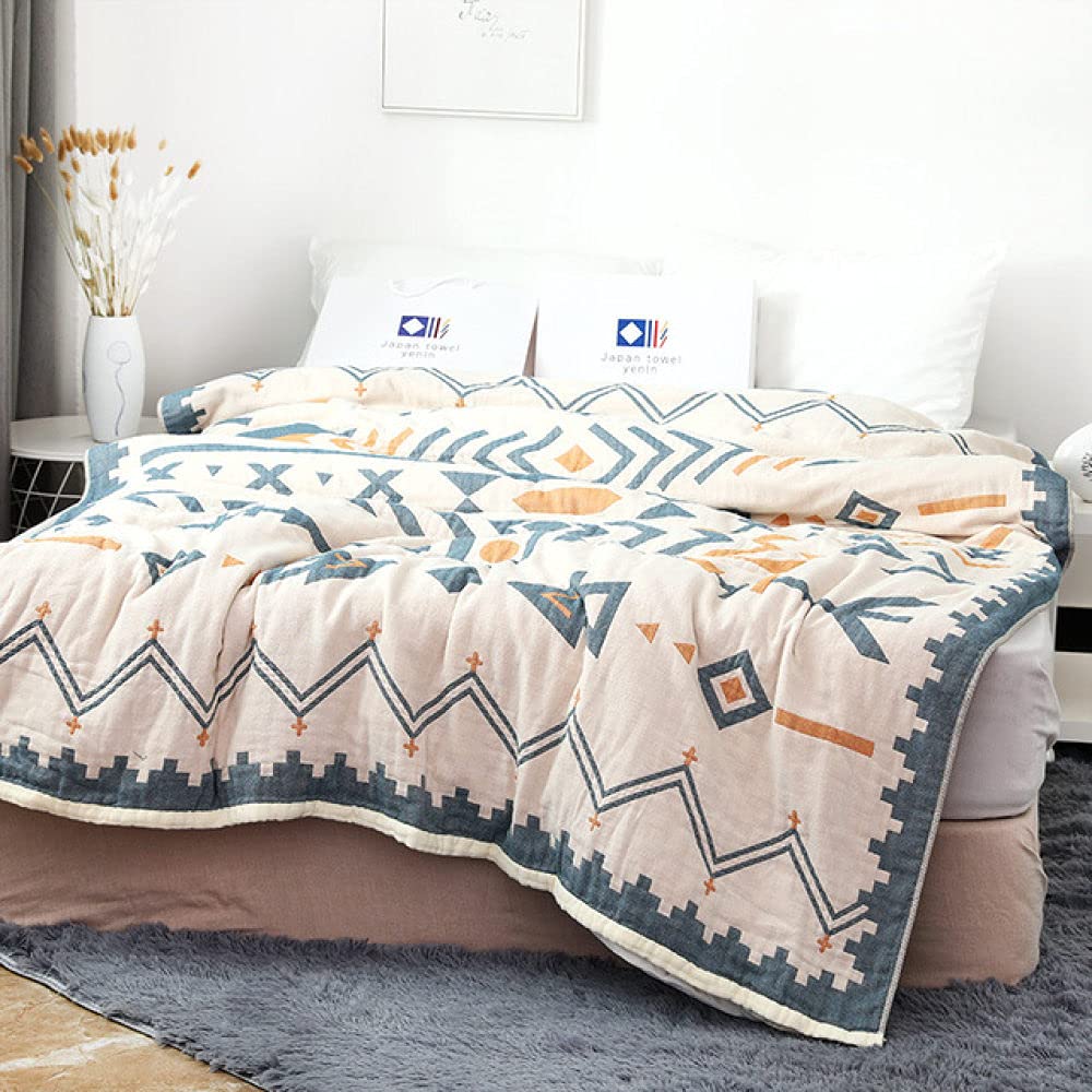 Premium 4-Layer Cotton Gauze Towel Blanket - Soft & Breathable for Summer, Travel & AC Use - Blue Style C, 200x230cm - Perfect for Beach, Picnic, Nap & Home Comfort